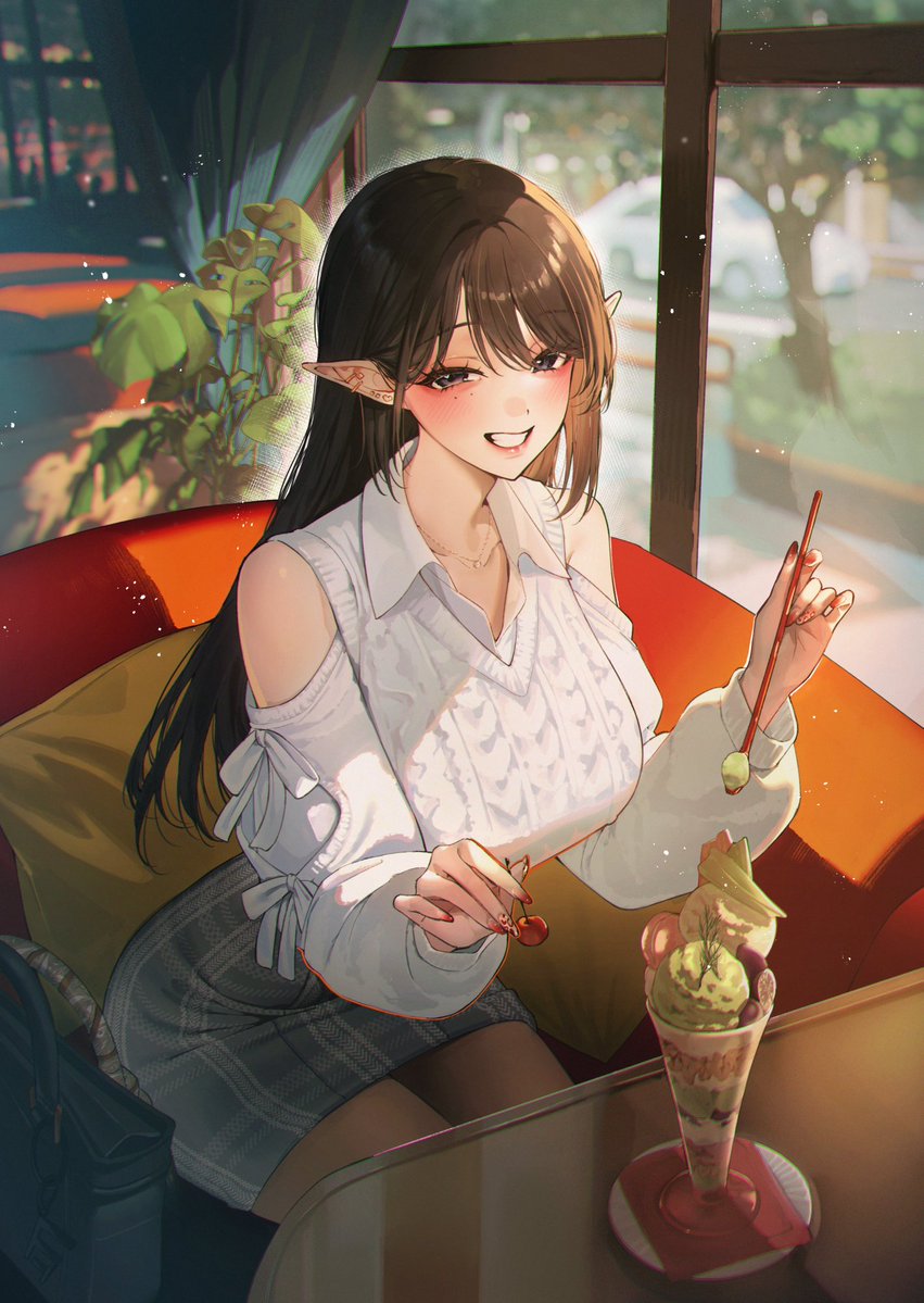 sino42, original, commentary request, 1girl, blush, breasts, brown hair, chair, clothing cutout, collared shirt, curtains, detached sleeves, food, grin, holding, holding spoon, indoors, jewelry, large breasts, long hair, looking at viewer, mole, mole under eye, motor vehicle, necklace, pantyhose, parfait, plaid clothes, plaid skirt, plant, pointy ears, shirt, shoulder cutout, sitting, skirt, smile, solo, spoon, table, tree, vest, white shirt, white vest, window