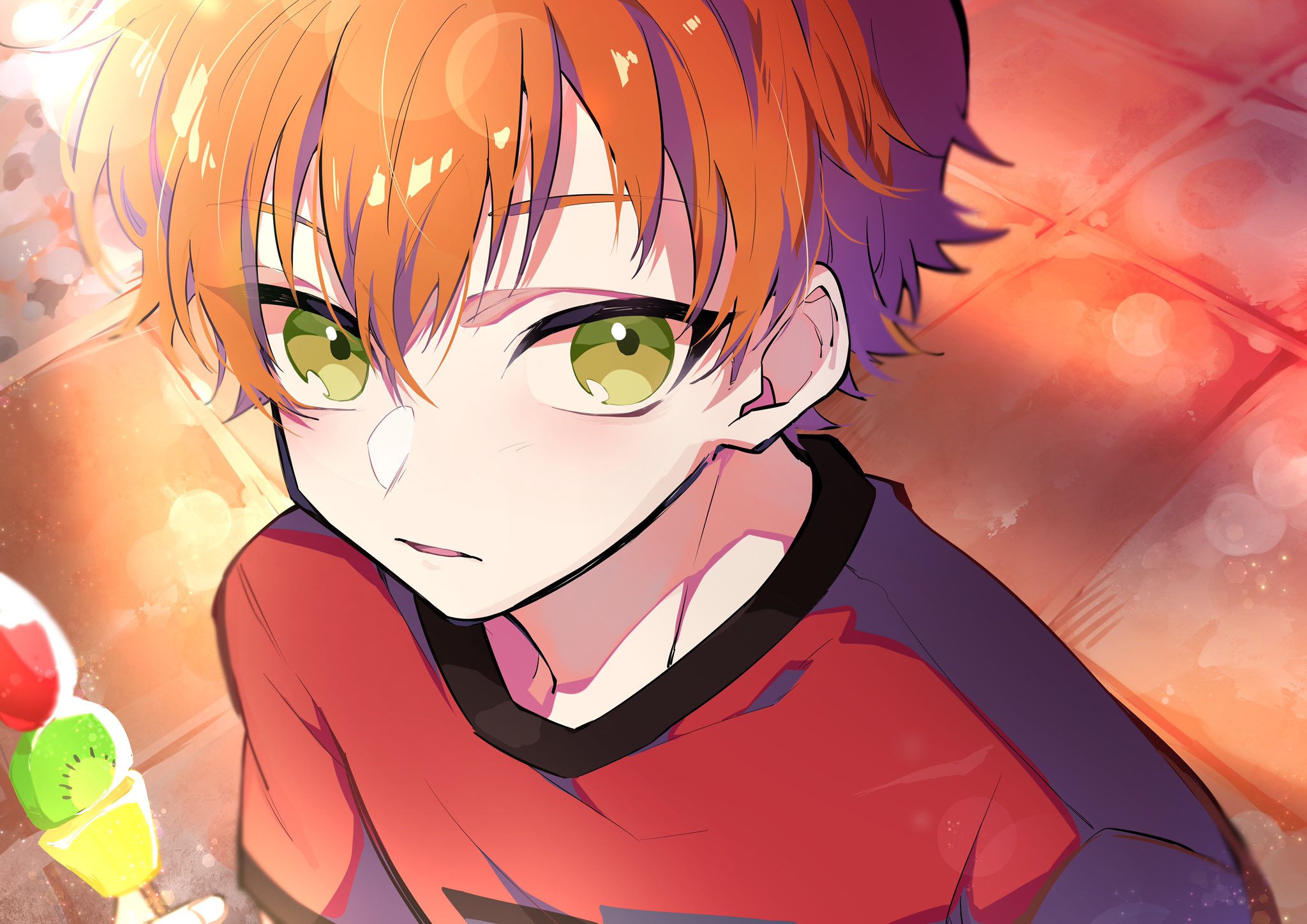 nekoma hikaru, shinonome akito, project sekai, commentary request, highres, 1boy, food, fruit, green eyes, holding, holding skewer, kiwi (fruit), kiwi slice, looking at viewer, male focus, orange hair, outdoors, parted lips, pineapple, pineapple slice, red shirt, shirt, short hair, skewer, solo, upper body