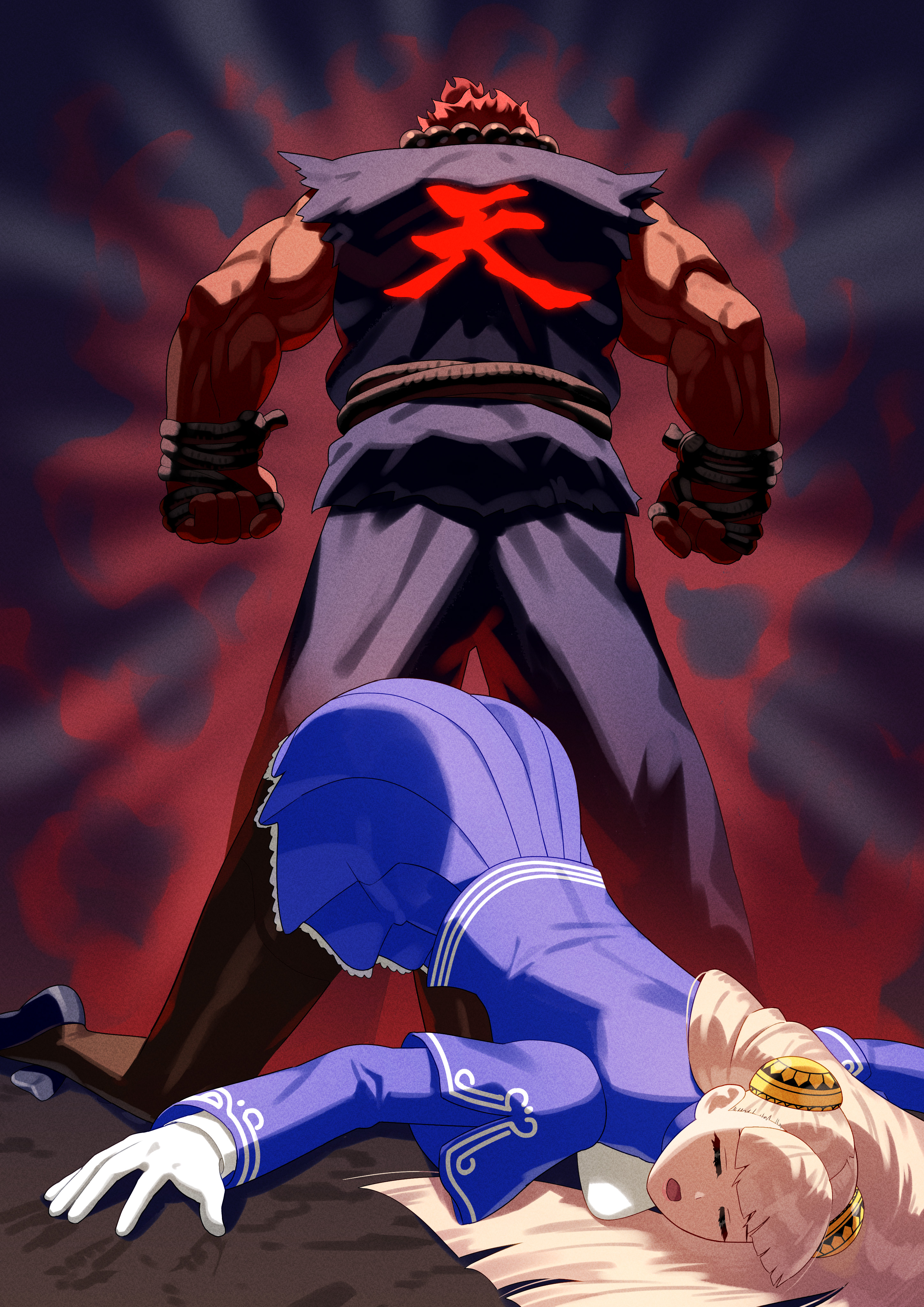 yagi2013, akuma (street fighter), ingrid (capcom), street fighter, absurdres, commentary, highres, 1boy, 1girl, dark-skinned male, dark skin, from behind, gloves, hairpods, long hair, muscular, muscular male, red hair, white gloves, white hair