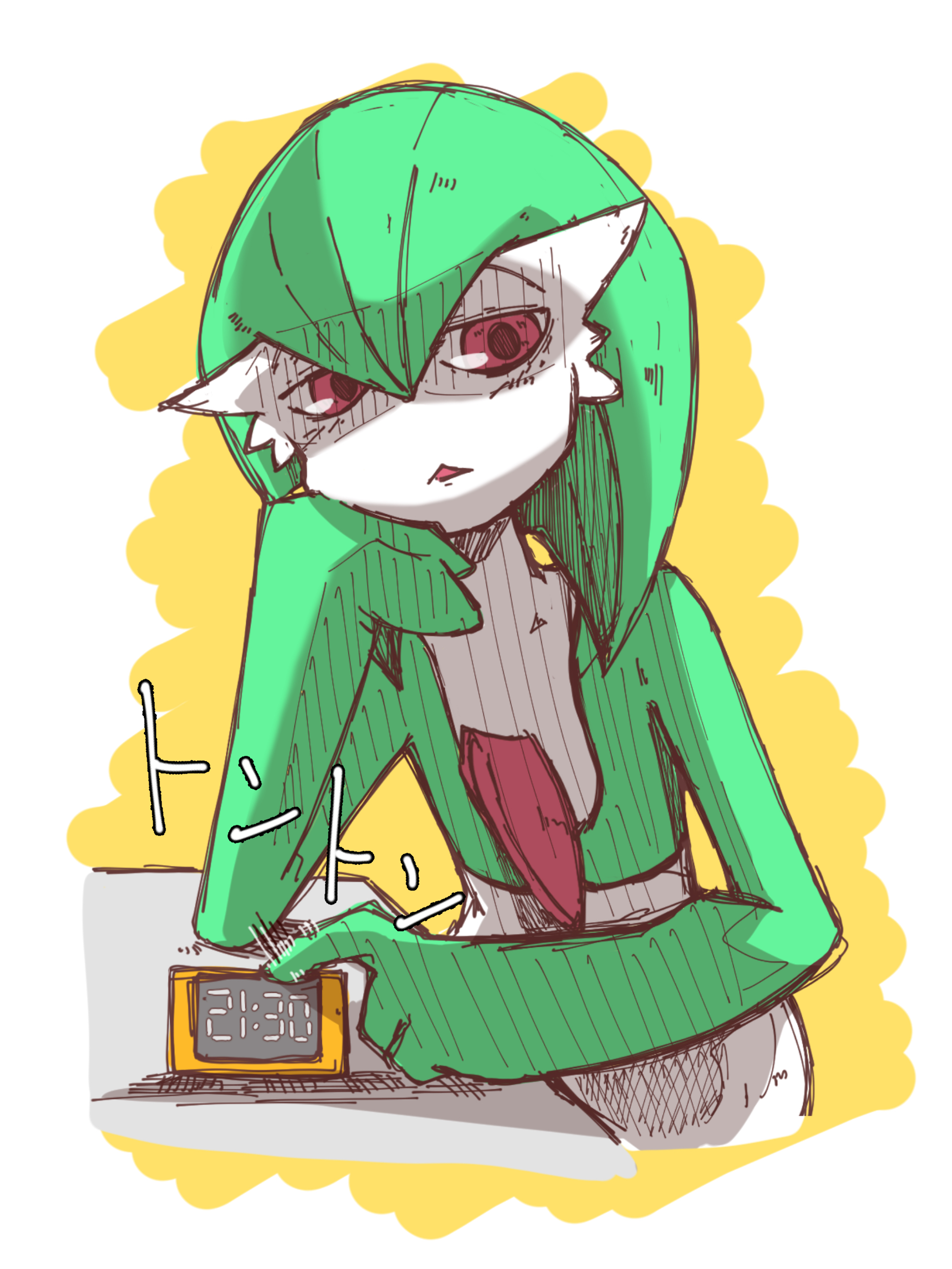 nero (neroakasha), gardevoir, nintendo, pokemon, translated, 1girl, :<, clock, colored skin, digital clock, female focus, flat chest, gen 3 pokemon, green hair, green skin, hair between eyes, hand on own chin, head rest, japanese text, medium hair, motion lines, multicolored skin, open mouth, pokemon (creature), shaded face, sitting, solo, two-tone skin, upper body, white skin, yellow background