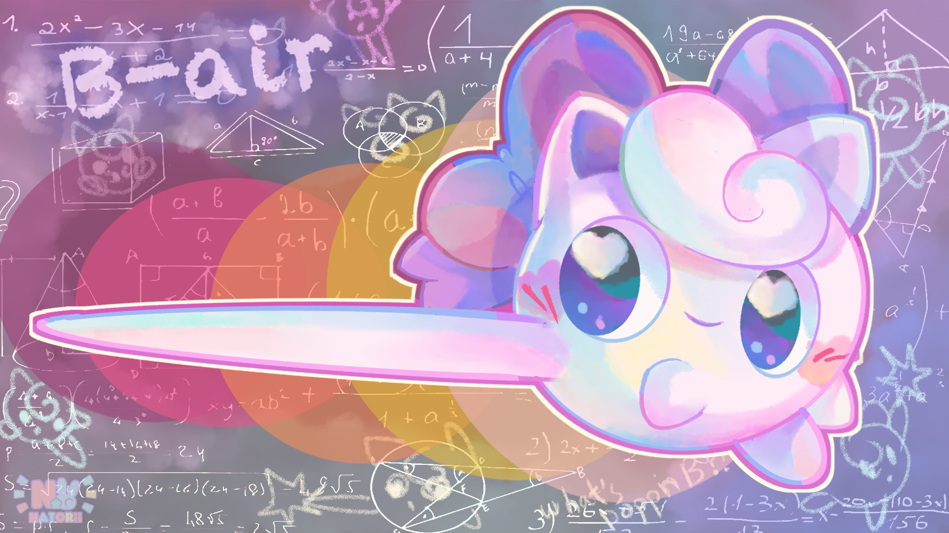 nat0rii, jigglypuff, nintendo, pokemon, super smash bros., highres, 1girl, 1other, animal focus, arrow (symbol), artist name, blue eyes, blush, blush stickers, bow, chalk, chalkboard, character name, chemical structure, child's drawing, closed mouth, doodled object, english text, equation, full body, gen 1 pokemon, geometry, green eyes, happy, heart, heart-shaped pupils, instagram username, kicking, looking at viewer, looking back, math, no humans, outline, poke ball symbol, pokemon (creature), pokemon focus, prototype design, purple bow, purple eyes, red bow, simple background, smile, solo, star (symbol), sword, symbol-shaped pupils, triangle, weapon, white background, white outline