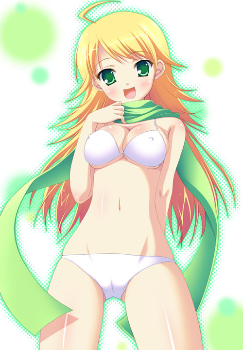 narumi yuu (bunbukudou), hoshii miki, idolmaster, idolmaster (classic), 00s, 1girl, bikini, blonde hair, breasts, cameltoe, covered erect nipples, female focus, from below, green eyes, long hair, scarf, solo, swimsuit, underboob