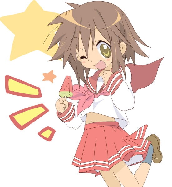 core (mayomayo), kusakabe misao, lucky star, bad id, bad pixiv id, 00s, 1girl, brown hair, fang, female focus, food, jumping, navel, one eye closed, popsicle, school uniform, serafuku, short hair, solo, watermelon bar, wink, yellow eyes