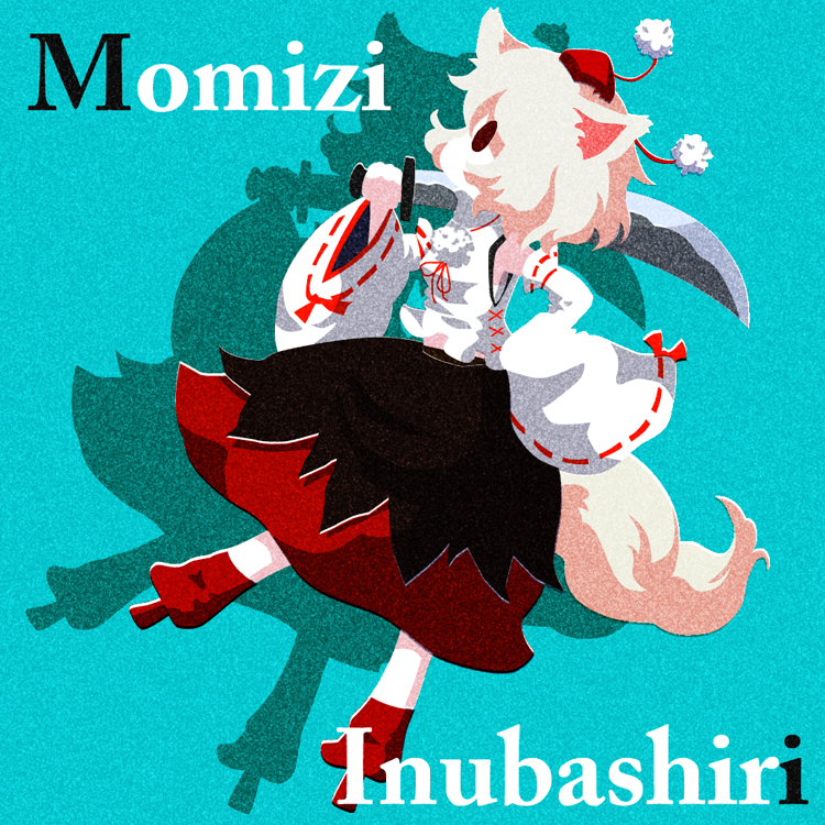 karaagetarou, inubashiri momiji, touhou, 1girl, animal ears, bow, character name, detached sleeves, dog ears, dog tail, female focus, geta, hat, kunreishiki, red eyes, ribbon, romaji text, short hair, solo, sword, tail, tengu-geta, tokin hat, weapon, white hair, wolf ears, wolf tail