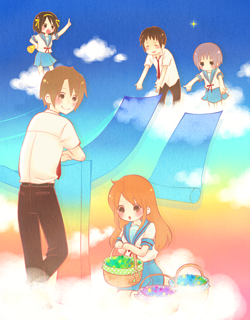 moffunnyo, asahina mikuru, koizumi itsuki, kyon, nagato yuki, suzumiya haruhi, suzumiya haruhi no yuuutsu, bad id, bad pixiv id, 00s, 2boys, 3girls, basket, cloud, multiple boys, multiple girls, paper roll, school uniform, serafuku, star (symbol)