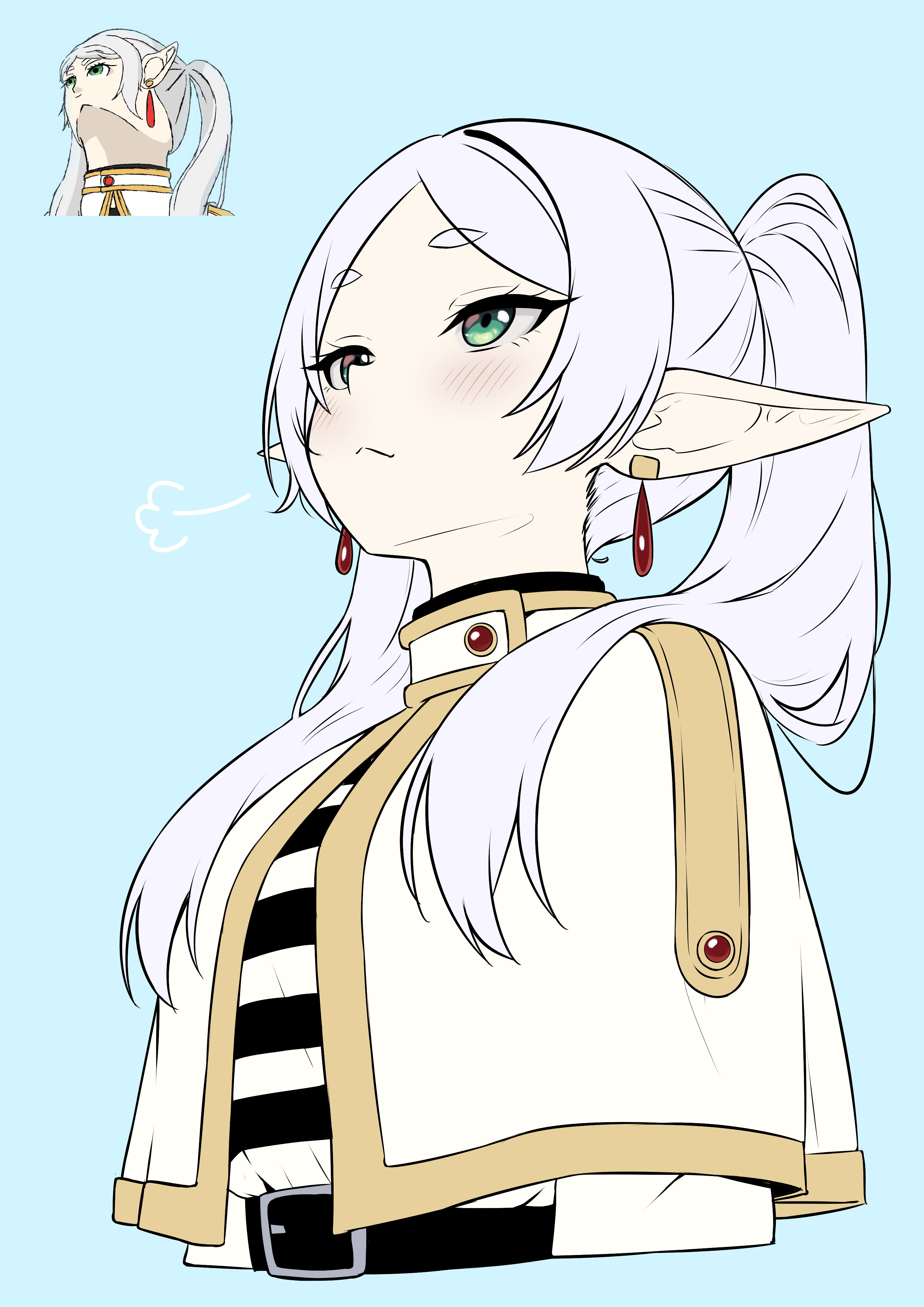 scrapy, frieren, sousou no frieren, absurdres, commentary, english commentary, highres, 1girl, belt, black belt, blue background, blush, capelet, closed mouth, earrings, elf, green eyes, grey hair, jewelry, looking up, meme, pointy ears, shirt, simple background, solo, striped clothes, striped shirt, twintails, upward angle frieren drawing (meme), white capelet