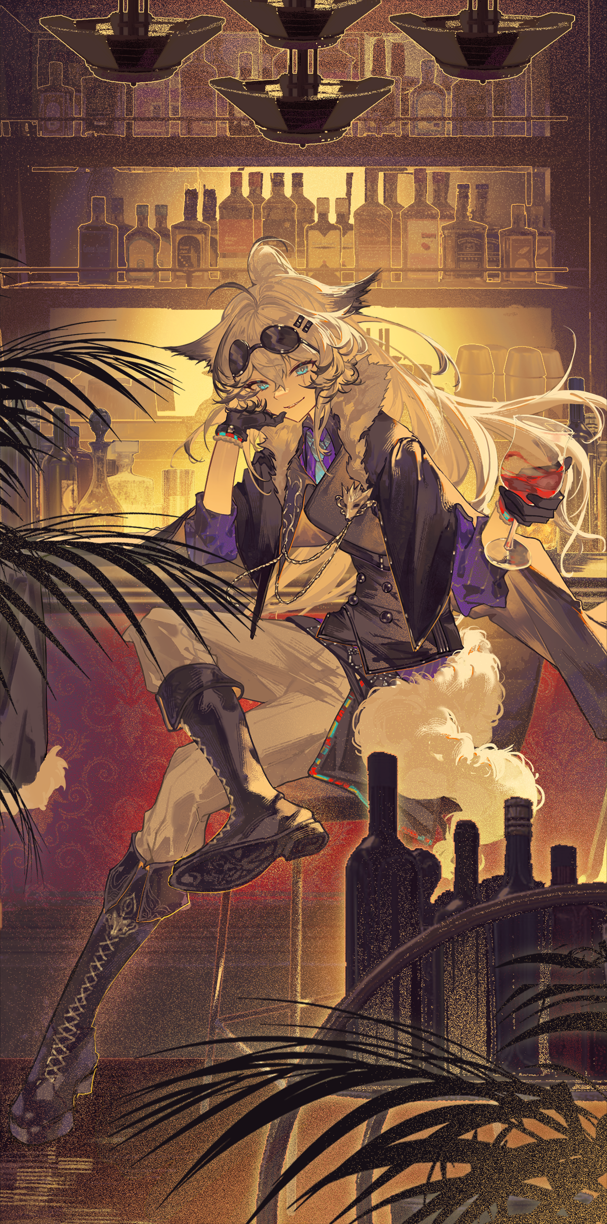 yang lizi, lappland (arknights), lappland the decadenza (arknights), lappland the decadenza (unruly humbleness) (arknights), arknights, commentary request, highres, 1girl, alcohol, animal ears, bar (place), black boots, black gloves, blue eyes, boots, bottle, cup, drinking glass, elbow rest, eyewear on head, figure four sitting, gloves, grin, head rest, holding, holding cup, indoors, lace-up boots, long hair, looking at viewer, pants, red wine, scar, scar across eye, scar on face, sitting, smile, solo, sunglasses, wine, wine bottle, wine glass, wolf ears, wolf girl