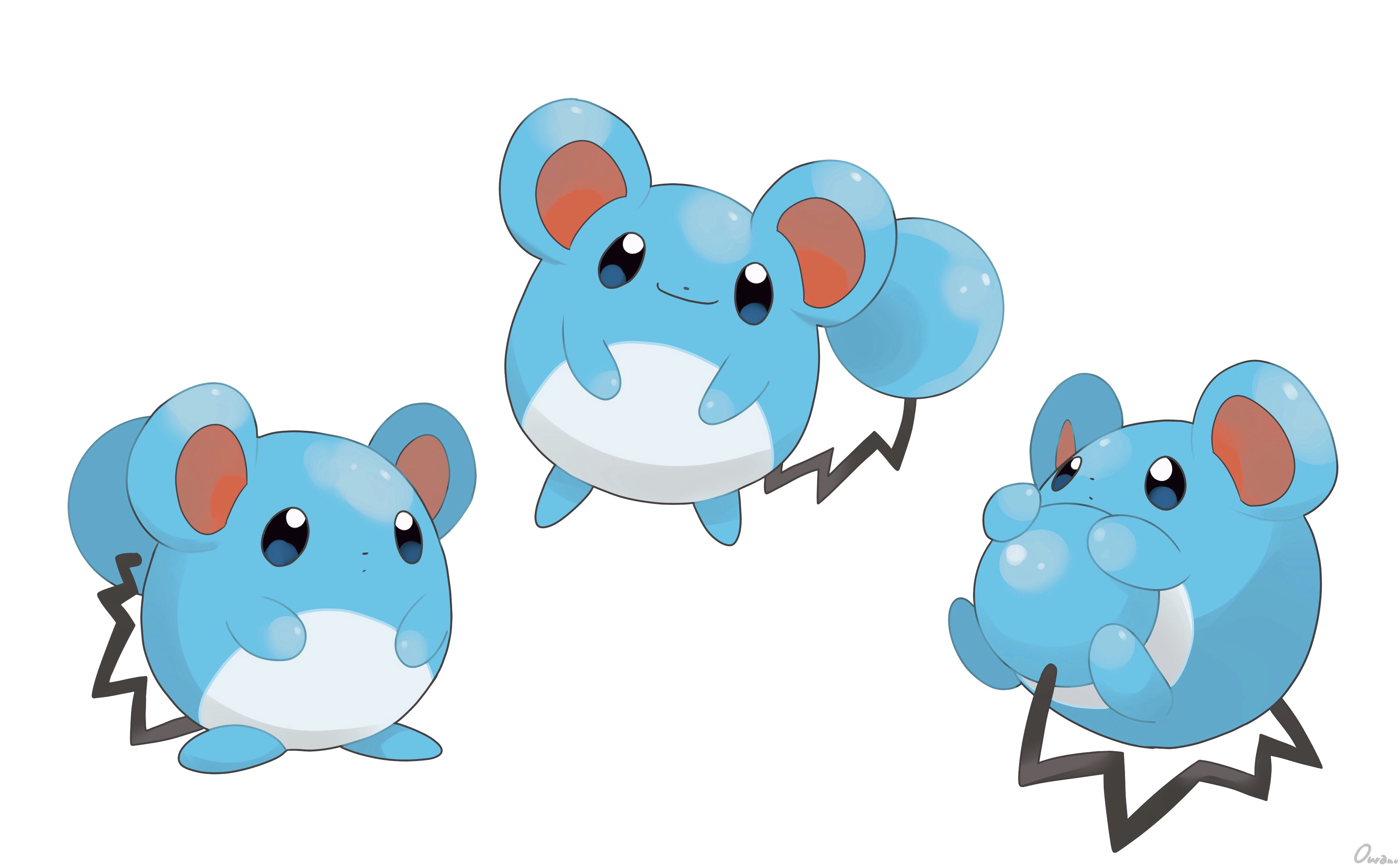 ouran, marill, nintendo, pokemon, absurdres, commentary request, highres, bright pupils, closed mouth, dot mouth, full body, gen 2 pokemon, hugging own tail, hugging tail, no humans, pokemon (creature), simple background, smile, standing, tail, white background, white pupils