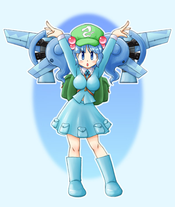 nishin, nishindoh, kawashiro nitori, touhou, 1girl, backpack, bag, blue eyes, blue hair, breasts, female focus, hair bobbles, hair ornament, hat, impossible clothes, impossible shirt, key, large breasts, matching hair/eyes, navel, randoseru, shirt, short hair, solo, twintails, two side up