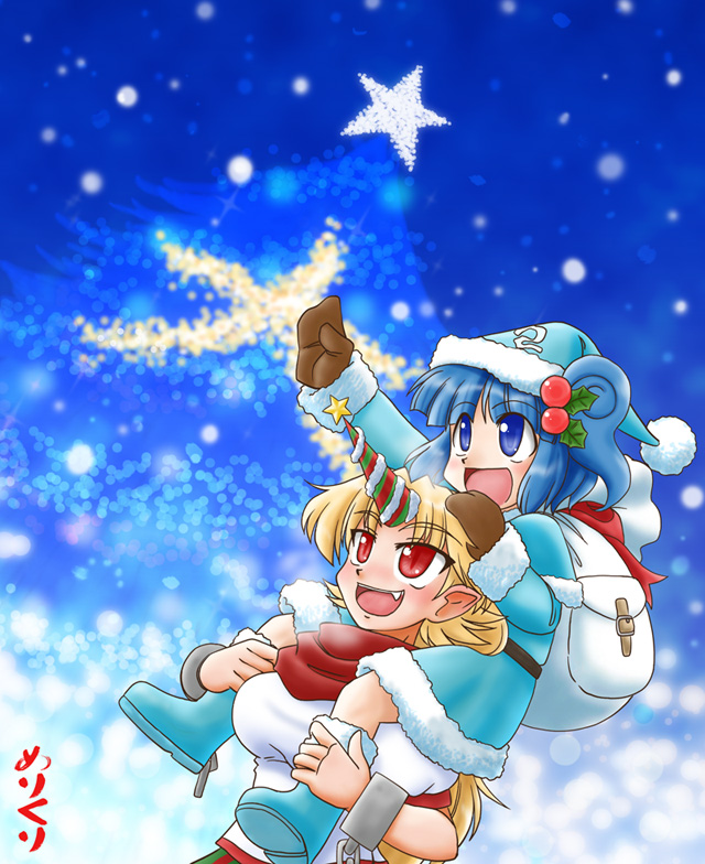 nishin, nishindoh, hoshiguma yuugi, kawashiro nitori, touhou, 2girls, backpack, bag, blonde hair, blue eyes, blue hair, carrying, christmas, coat, fang, female focus, hair bobbles, hair ornament, hat, horns, long hair, multiple girls, pointy ears, randoseru, red eyes, santa costume, santa hat, scarf, short hair, shoulder carry, single horn, star (symbol), twintails, two side up