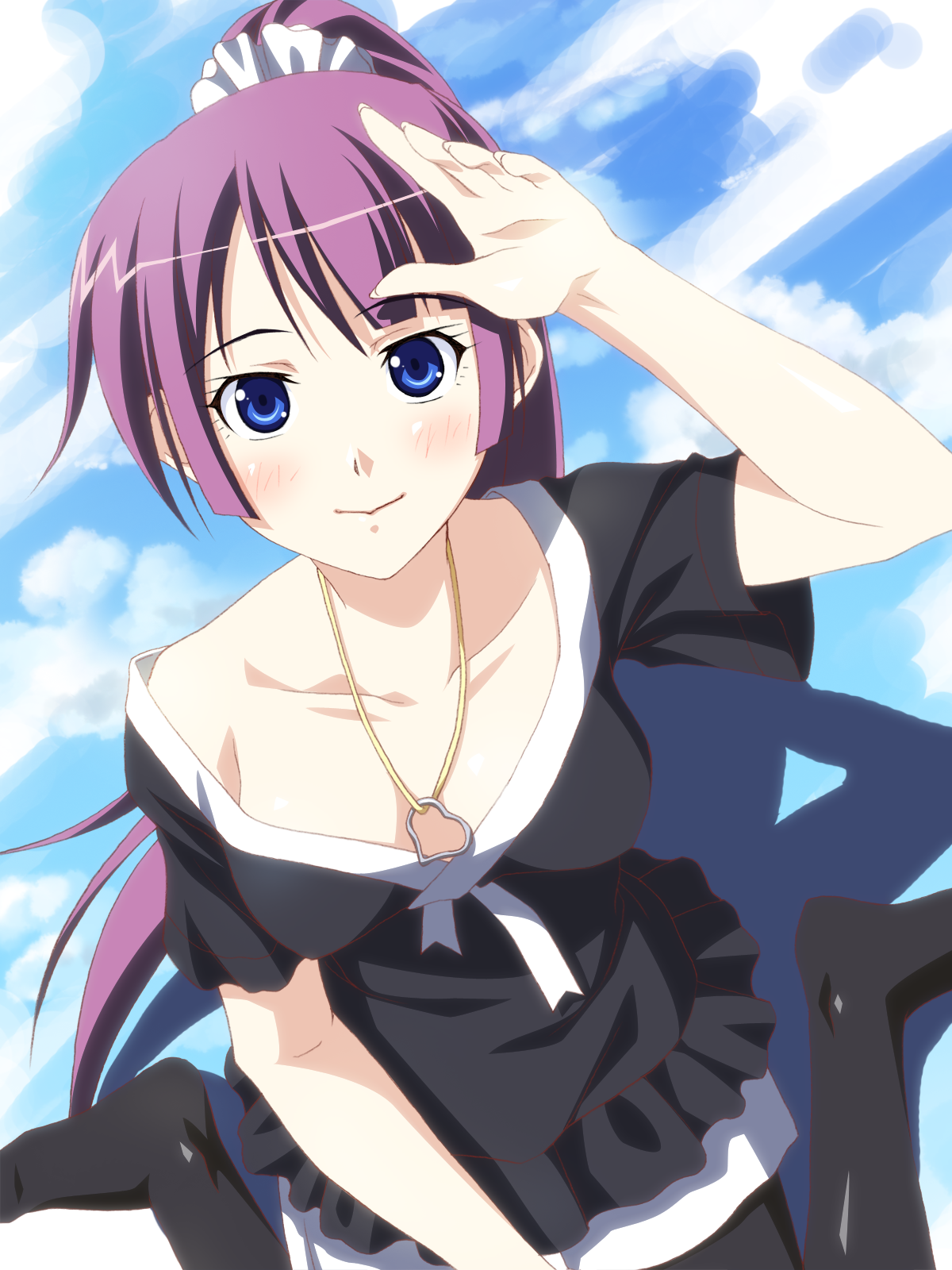 hinata nao, senjougahara hitagi, bakemonogatari, monogatari (series), bad id, bad pixiv id, highres, 00s, 1girl, blue eyes, blush, female focus, jewelry, necklace, outdoors, pantyhose, ponytail, purple hair, sky, solo