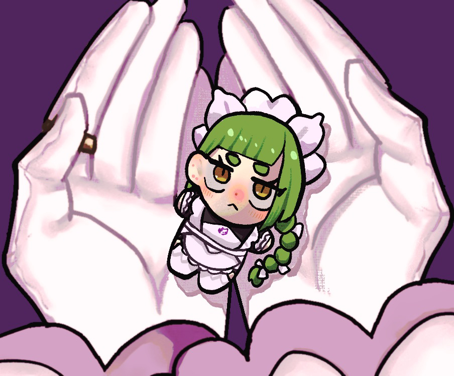 jacinthe (pokemon), lebanne (pokemon), nintendo, pokemon, pokemon legends: z-a, :<, apron, blush, braid, braided ponytail, chibi, gloves, gold ring, green hair, holding, long braid, maid, maid apron, maid headdress, pov, pov hands, set147g2, white gloves, yellow eyes