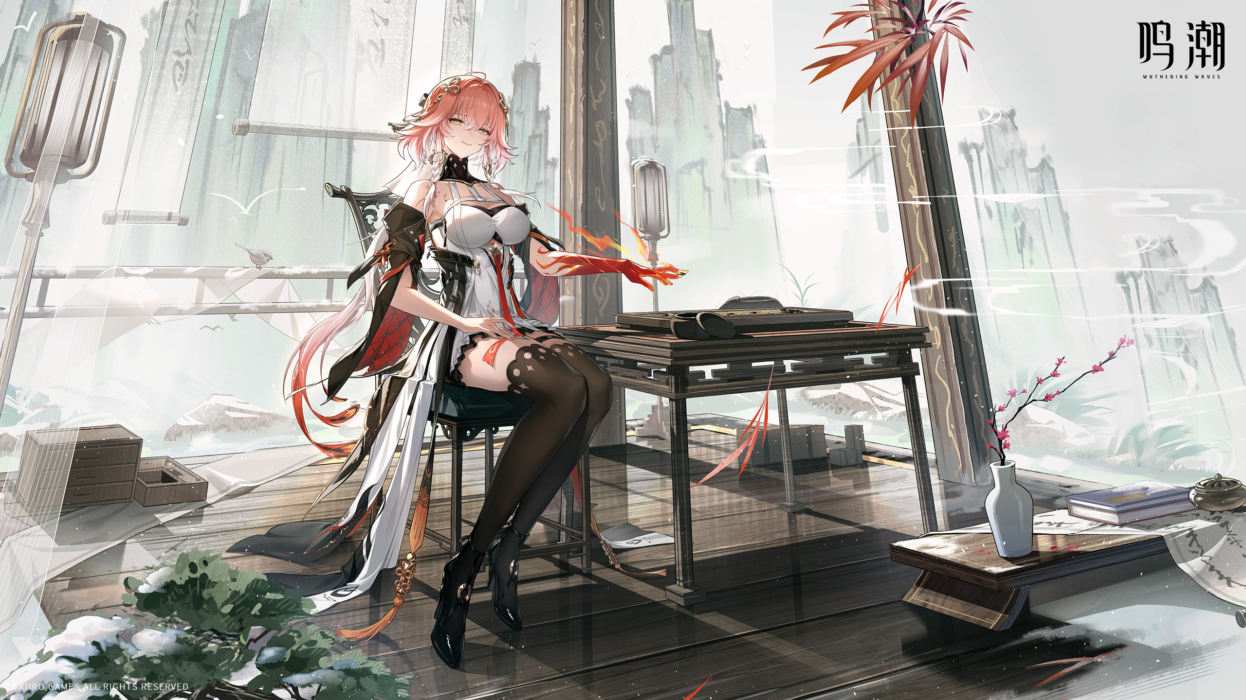 changli (wuthering waves), wuthering waves, chinese commentary, commentary request, highres, official art, official wallpaper, 1girl, architecture, bare shoulders, black collar, black jacket, black shoes, black sleeves, black thighhighs, board game, body markings, braid, breasts, cleavage, closed mouth, collar, colored extremities, detached sleeves, dress, east asian architecture, feather hair, go (board game), hair between eyes, hair extensions, halterneck, hand on lap, high heels, holding go stone, jacket, large breasts, legs together, logo, long hair, looking at viewer, multicolored hair, pink hair, red hands, ring hair extensions, shoes, sitting, smile, solo, tacet mark (wuthering waves), thigh strap, thighhighs, twin braids, two-tone hair, very long hair, white dress, white hair, wide shot, yellow eyes