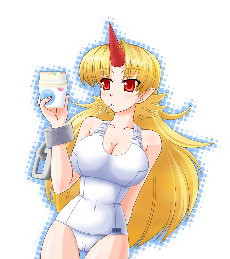 nishin, nishindoh, hoshiguma yuugi, touhou, 1girl, blonde hair, breasts, cleavage, cuffs, female focus, horns, large breasts, long hair, mouth hold, one-piece swimsuit, pointy ears, red eyes, school swimsuit, shackles, single horn, solo, swimsuit, white one-piece swimsuit, white school swimsuit