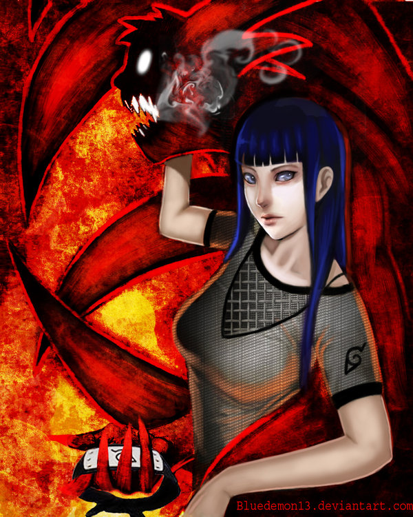 bluedemon13, hyuuga hinata, uzumaki naruto, naruto (classic), naruto (series), naruto shippuuden, bad source, self-upload, 1girl, bad anatomy, bad neck, blue hair, breasts, female focus, forehead protector, fox, lips, long hair, medium breasts, monster, open mouth, sharp teeth, short sleeves, solo, teeth, transformation, watermark, web address