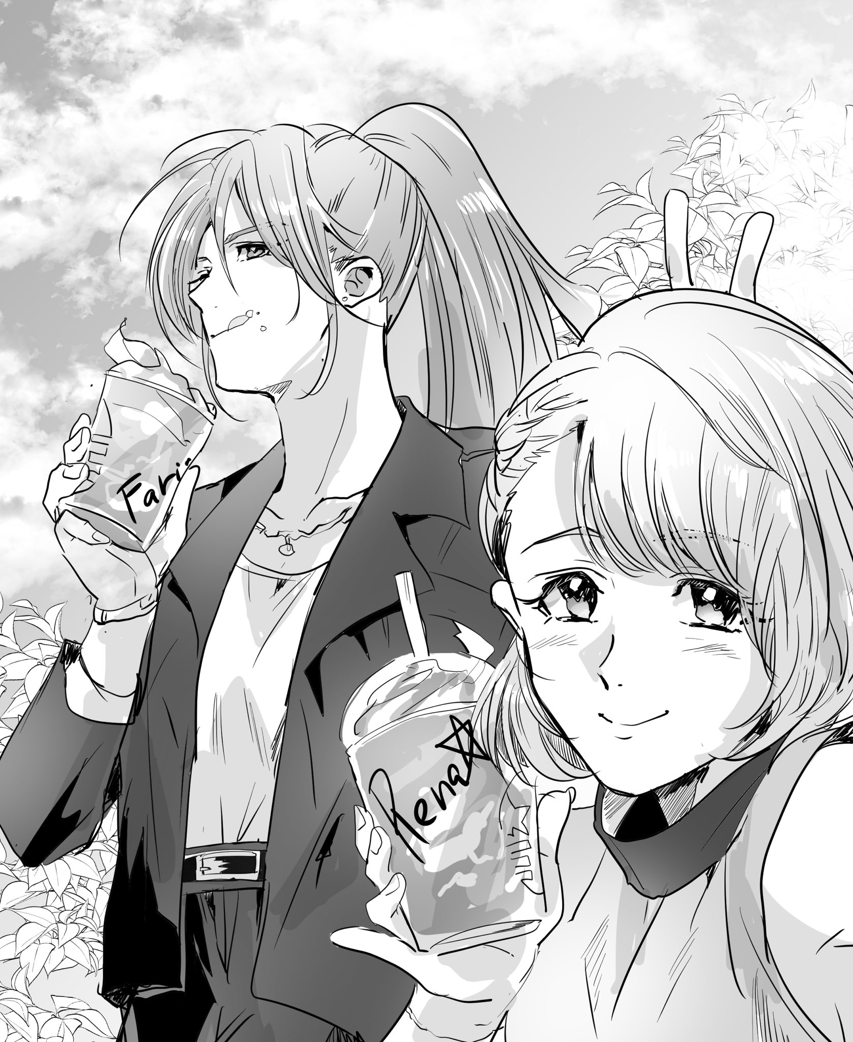 motsutei, faris scherwiz, lenna charlotte tycoon, final fantasy, final fantasy v, highres, 2girls, belt, closed mouth, cup, greyscale, holding, holding cup, long hair, looking at viewer, monochrome, multiple girls, ponytail, short hair, siblings, sisters, smile