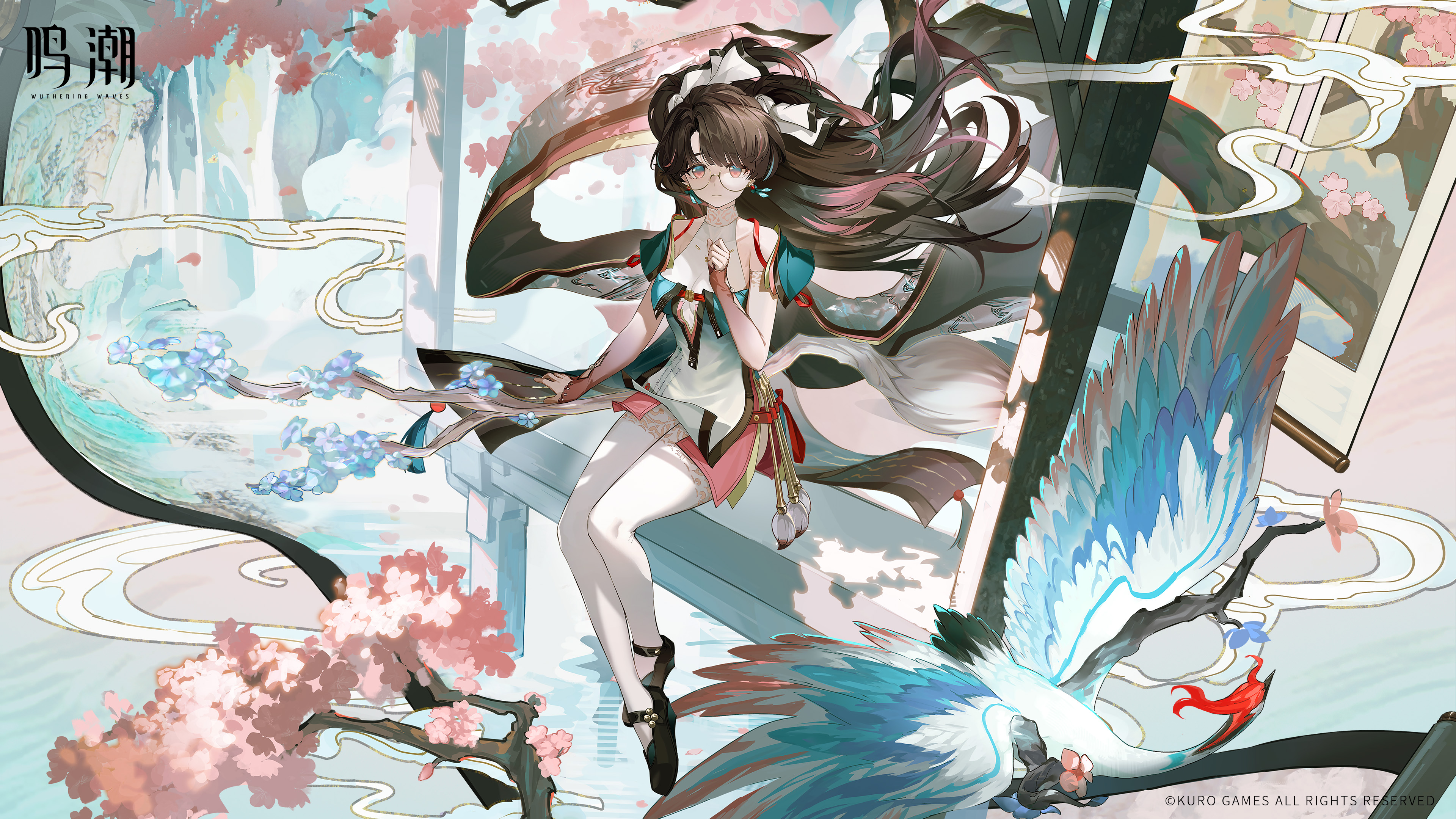 zhezhi (wuthering waves), wuthering waves, absurdres, highres, official art, 1girl, aqua dress, bare shoulders, black shoes, blue eyes, bodystocking, bow, breasts, brown hair, cherry blossoms, chinese text, closed mouth, copyright notice, detached sleeves, dress, floating hair, glasses, hair bow, hand up, legs together, logo, long hair, looking at viewer, medium breasts, multicolored eyes, multiple hair bows, paintbrush, pink eyes, round eyewear, semi-rimless eyewear, shoes, sitting, solo, two-tone eyes, very long hair, white bow, wide shot