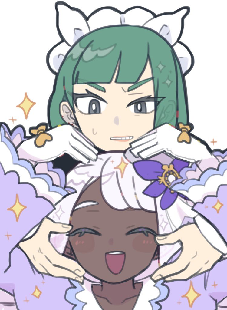 kita senju, jacinthe (pokemon), lebanne (pokemon), nintendo, pokemon, pokemon legends: z-a, master and servant, 2girls, :d, closed eyes, dark-skinned female, dark skin, dress, frills, furrowed brow, glove bow, green hair, hands up, heart, heart hands, heart hands duo, maid headdress, multiple girls, nervous sweating, open mouth, purple dress, smile, sparkle, sweat, sweatdrop, teeth, upper teeth only, white background, white hair, yuri