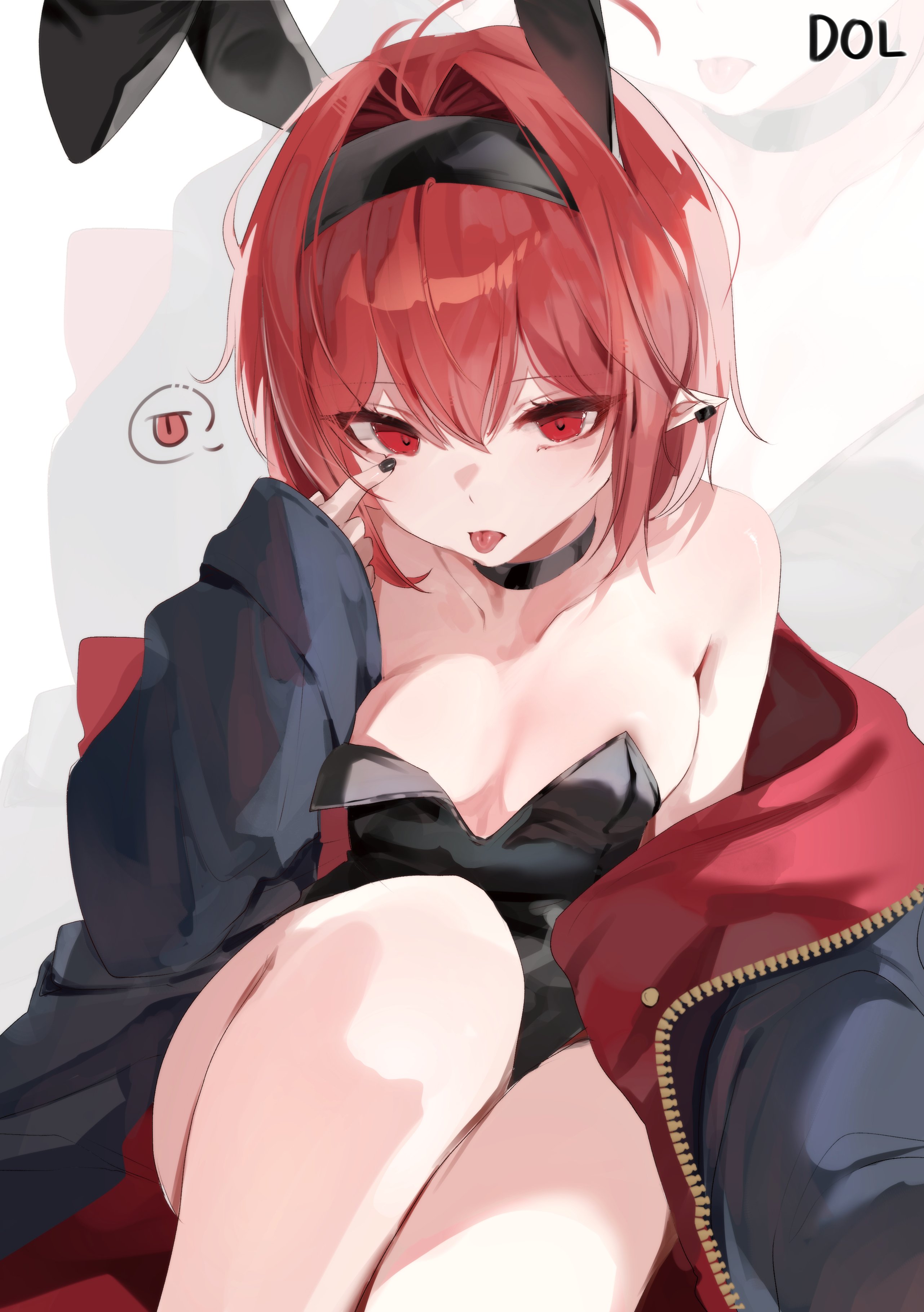 dolechan, female mage (dungeon and fighter), summoner (dungeon and fighter), dungeon and fighter, original, absurdres, highres, 1girl, animal ears, bare shoulders, black choker, black jacket, black leotard, breasts, choker, eclipse (dungeon and fighter), fake animal ears, hairband, hand up, jacket, leotard, medium breasts, off shoulder, playboy bunny, pointy ears, rabbit ears, red eyes, red hair, short hair, sitting, solo, strapless, strapless leotard, thighs, tongue, tongue out