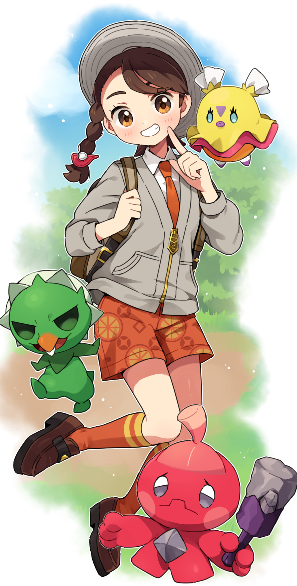 rii (pixiv11152329), capsakid, flittle, juliana (pokemon), tinkatink, nintendo, pokemon, pokemon sv, highres, 1girl, backpack, bag, blush, braid, brown bag, brown eyes, brown hair, brown shoes, closed mouth, collared shirt, eyelashes, grey hat, grey jacket, hat, holding, holding strap, index finger raised, jacket, long sleeves, naranja academy school uniform, necktie, orange necktie, orange shorts, orange socks, pokemon (creature), school uniform, shirt, shoes, shorts, side braid, single braid, smile, socks, teeth, tooth, white shirt, zipper