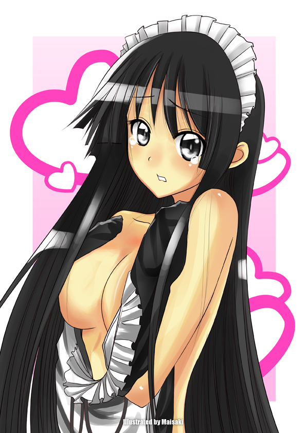 maisaki, akiyama mio, k-on!, 00s, 1girl, black eyes, black hair, blunt bangs, breasts, cleavage, covering breasts, covering privates, female focus, hairband, heart, hime cut, long hair, looking at viewer, maid, maid headdress, nude, nude cover, solo, tears