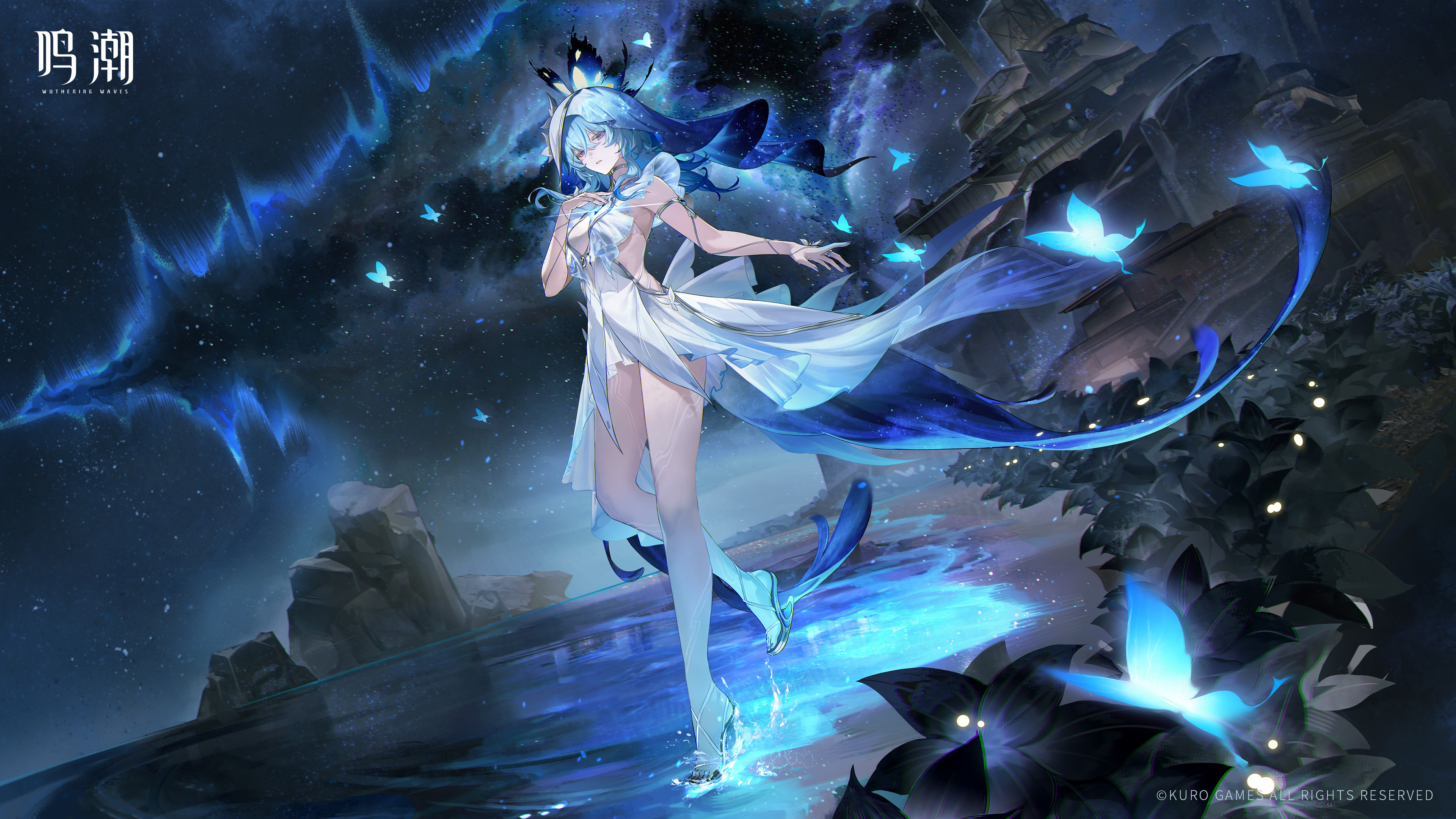 shorekeeper (wuthering waves), wuthering waves, absurdres, highres, official art, 1girl, bare legs, black flower, blake bloom (wuthering waves), blue butterfly, blue hair, blue nails, blue theme, blue veil, breasts, bug, butterfly, chinese text, colored eyelashes, dress, flower, full body, hair between eyes, hand on own chest, insect, large breasts, logo, looking at viewer, nail polish, night, night sky, outstretched arm, parted lips, purple eyes, sandals, sidelocks, sky, solo, standing, standing on one leg, two-tone veil, veil, white dress, white veil