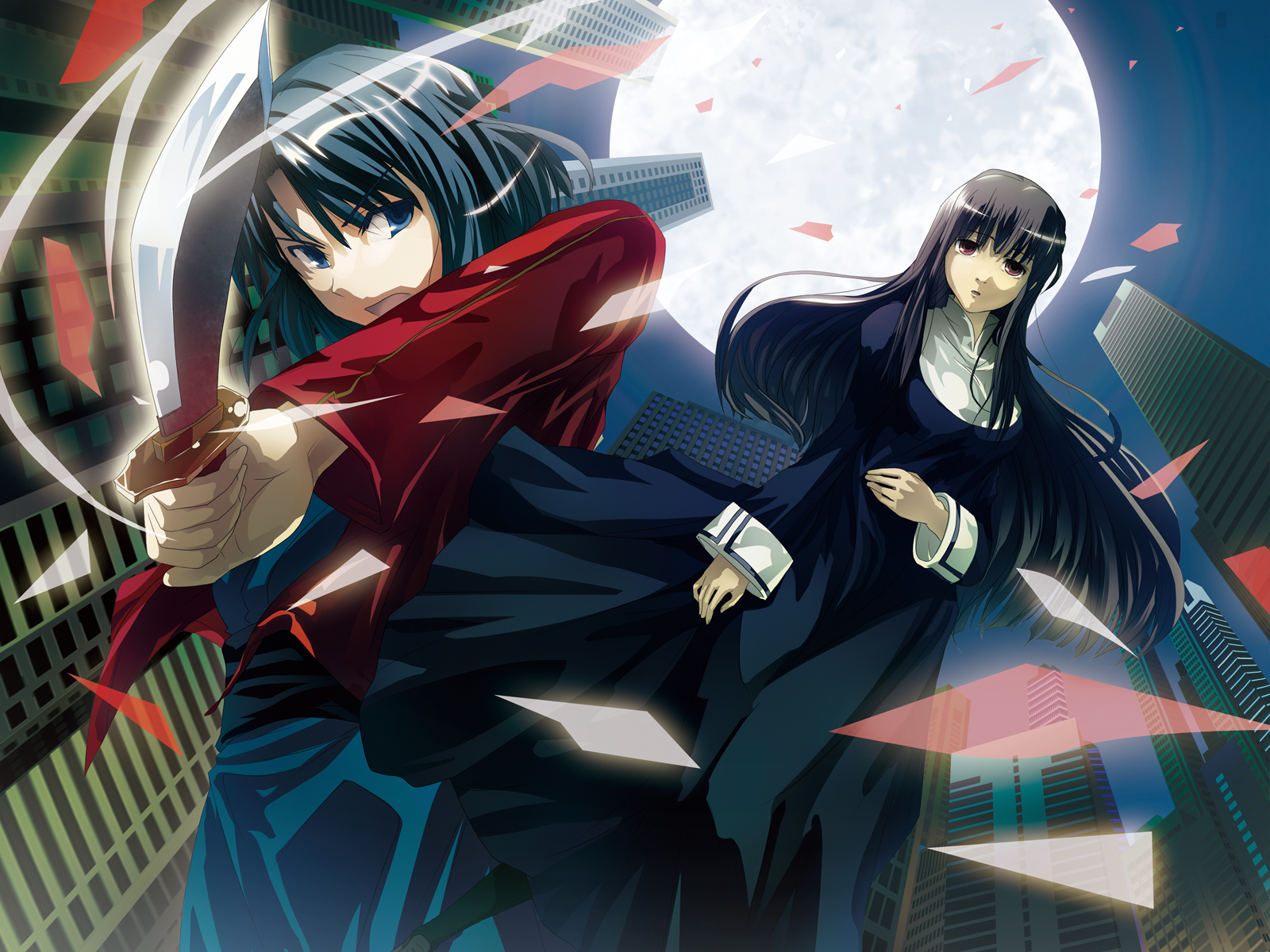 k2pudding, asagami fujino, ryougi shiki, kara no kyoukai, highres, 2girls, black hair, blue eyes, brown eyes, full moon, jacket, japanese clothes, kimono, knife, long hair, moon, multiple girls, red jacket, reien girl's academy school uniform, school uniform