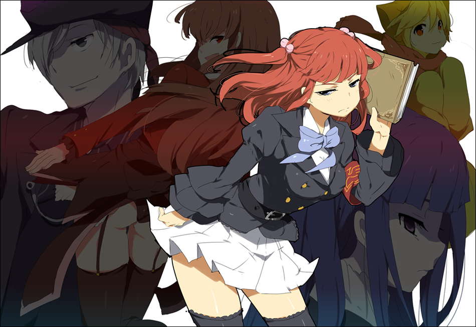 kl (dgzonbi), amakusa juuza, frederica bernkastel, mammon (umineko), sakutarou (umineko), stakes of purgatory, ushiromiya ange, umineko no naku koro ni, 00s, 2boys, 3girls, angry, armband, blonde hair, blue eyes, blue hair, book, bow, everyone, garter belt, hair bobbles, hair ornament, hat, multiple boys, multiple girls, oversized clothes, red eyes, red hair, skirt, smile, thighhighs, twintails, zettai ryouiki