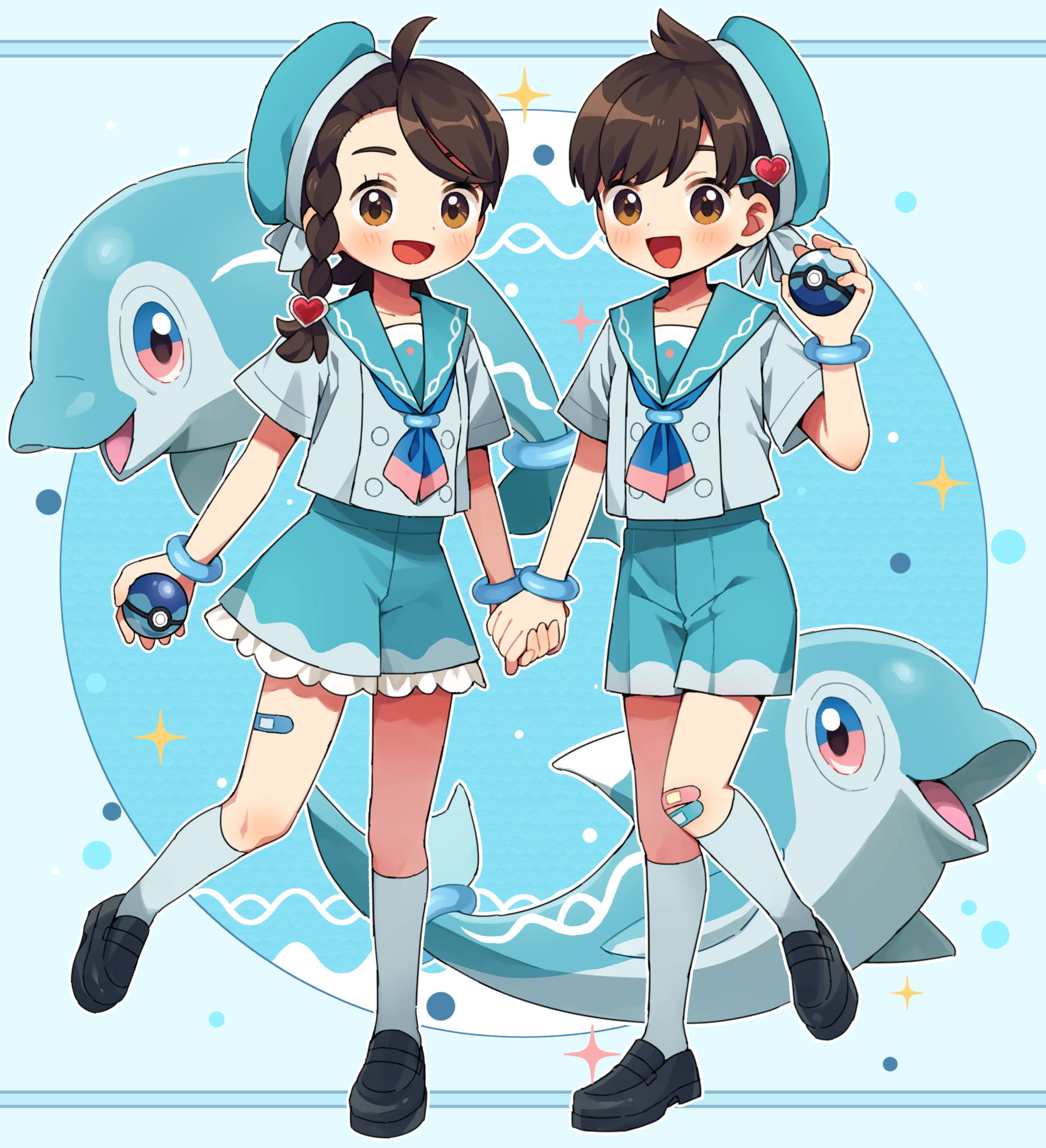 rii (pixiv11152329), finizen, florian (pokemon), juliana (pokemon), nintendo, pokemon, pokemon sv, highres, 1boy, 1girl, :d, ahoge, alternate costume, aqua hat, aqua sailor collar, aqua shorts, bandaid, bandaid on knee, bandaid on leg, black shoes, blush, braid, brown eyes, brown hair, dive ball, dolphin, eyelashes, hair ornament, hat, heart, heart hair ornament, holding, holding hands, holding poke ball, kneehighs, multicolored eyes, open mouth, outline, poke ball, sailor collar, shirt, shoes, short hair, short sleeves, shorts, side braid, single braid, smile, socks, standing, standing on one leg, two-tone eyes, white outline, white shirt, white socks