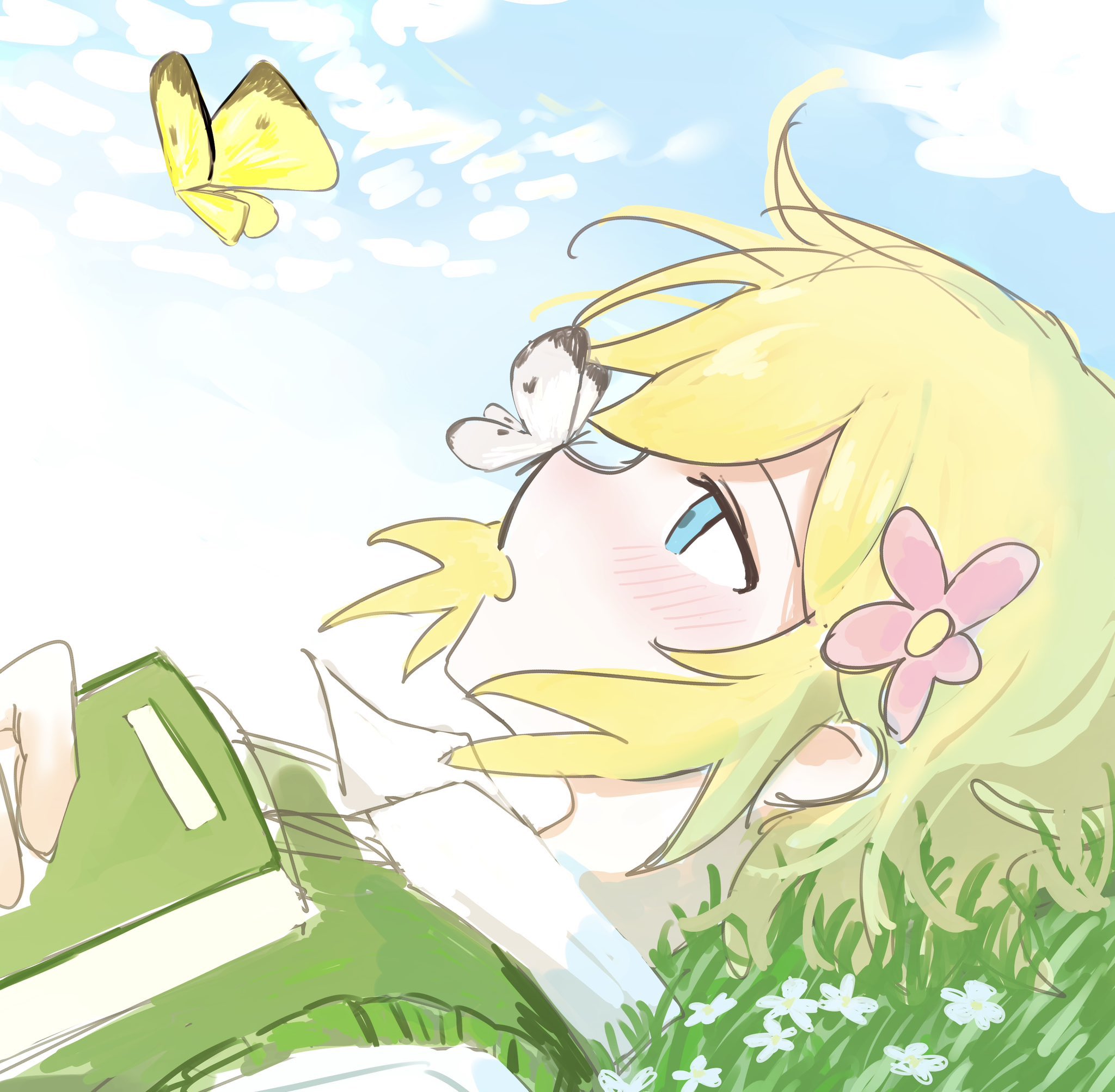basil (faraway) (omori), basil (omori), omori, hashtag-only commentary, highres, 1boy, :o, androgynous, blonde hair, blue eyes, blue sky, blush, book, bug, butterfly, butterfly on nose, cloud, collared shirt, day, flower, from side, green sweater vest, hair between eyes, hair flower, hair ornament, hand up, holding, holding book, insect, looking ahead, looking at animal, lying, male focus, mg m g 15, on back, on grass, open mouth, outdoors, pink flower, profile, shirt, short hair, sidelocks, simple background, sky, solo, sweater vest, upper body, white butterfly, white flower, white shirt, yellow butterfly