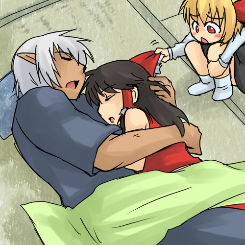 koraku gekki, yuemaru, buront, hakurei reimu, rumia, embodiment of scarlet devil, final fantasy, final fantasy xi, the iron of yin and yang, touhou, bad id, bad pixiv id, lowres, 00s, 1boy, 2girls, blonde hair, couple, crossover, hetero, hug, multiple girls, sleeping
