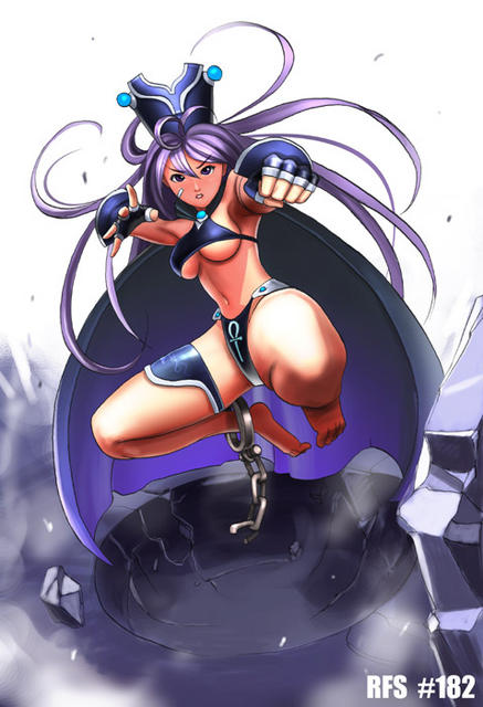 ryu (ryu's form site), 1girl, barefoot, breasts, female focus, full body, gloves, hat, long hair, purple hair, solo, underboob