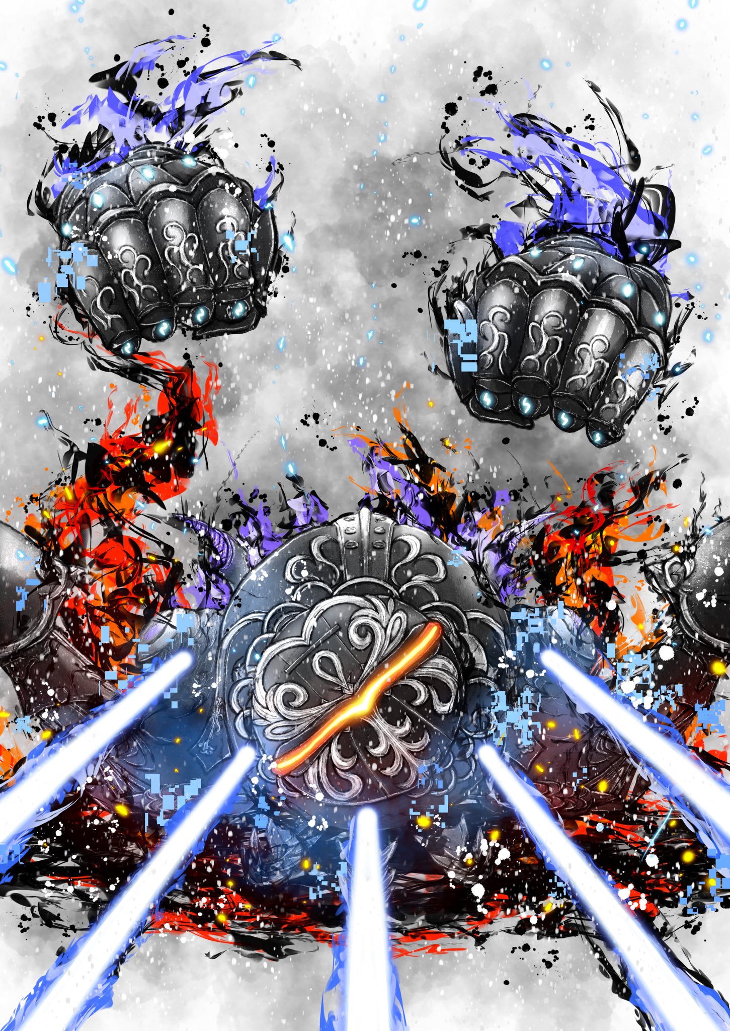 catherine5884, omega (final fantasy), final fantasy, final fantasy xiv, monster hunter (series), monster hunter wilds, commentary, highres, fire, glitch, glowing, glowing eye, incoming attack, laser cannon, no mouth, non-humanoid robot, one-eyed, robot, rocket punch, yellow eyes