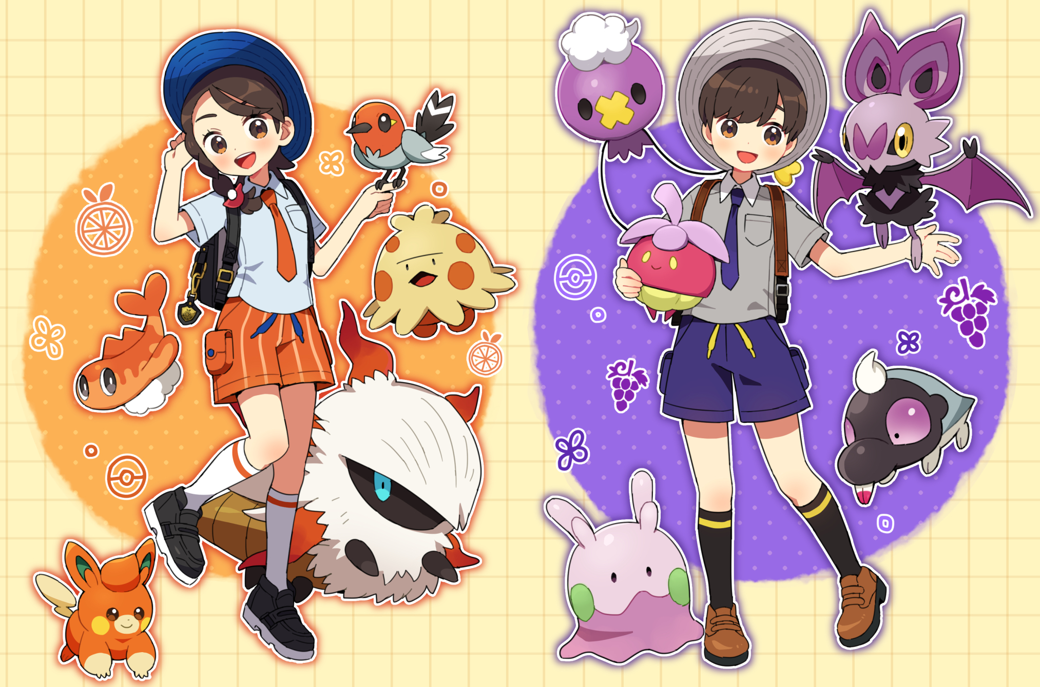 rii (pixiv11152329), bounsweet, drifloon, fletchling, florian (pokemon), goomy, juliana (pokemon), larvesta, noibat, pawmi, shroodle, shroomish, tatsugiri, tatsugiri (curly), nintendo, pokemon, pokemon sv, highres, 1boy, 1girl, alternate color, backpack, bag, bird, black bag, black socks, blush, braid, breast pocket, brown eyes, brown hair, brown shoes, closed mouth, collared shirt, dot nose, eyelashes, food, fruit, full body, gen 3 pokemon, gen 4 pokemon, gen 5 pokemon, gen 6 pokemon, gen 7 pokemon, grapes, grey shirt, grid background, hat, holding, holding pokemon, kneehighs, naranja academy school uniform, necktie, open mouth, orange (fruit), orange necktie, orange shorts, orange slice, outline, pocket, poke ball symbol, pokemon (creature), purple necktie, purple shorts, school uniform, shiny pokemon, shirt, shoes, short hair, short sleeves, shorts, side braid, single braid, smile, socks, teeth, upper teeth only, uva academy school uniform, white outline, white shirt, white socks, yellow eyes
