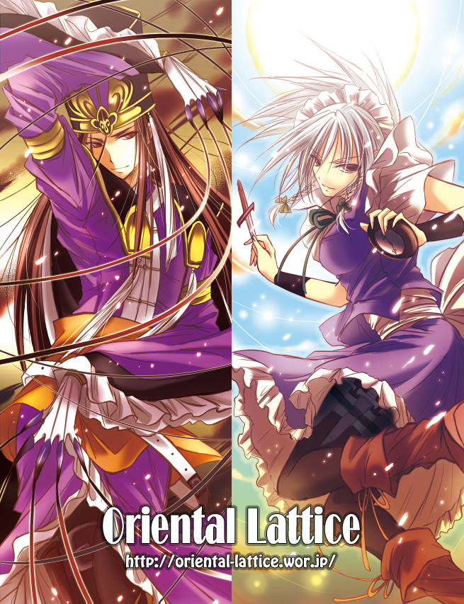 amamorient, izayoi sakuya, sima yi, shin sangoku musou, touhou, silver hair, bad id, bad pixiv id, 1boy, 1girl, blue dress, dress, expressionless, long sleeves, looking at viewer, maid headdress, puffy short sleeves, puffy sleeves, purple dress, short sleeves, split screen, text focus