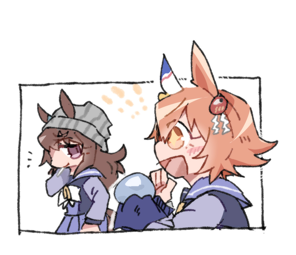 beer hsk, matikanefukukitaru (umamusume), nakayama festa (umamusume), umamusume, + +, 2girls, :d, animal ears, beanie, blush stickers, bow, brown eyes, brown hair, chibi, crystal ball, daruma doll, ears through headwear, grey hat, hair between eyes, hair ornament, hat, horse ears, horse girl, horse tail, long sleeves, multiple girls, open mouth, pleated skirt, profile, purple eyes, purple shirt, purple skirt, school uniform, shide, shirt, skirt, smile, striped clothes, striped headwear, tail, tracen school uniform, vertical-striped clothes, vertical-striped headwear, white background, white bow