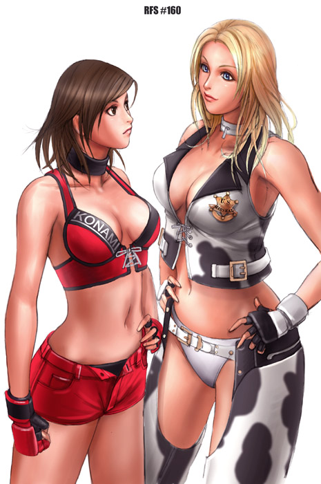 ryu (ryu's form site), dixie clemets, hinomoto reiko, rumble roses, 2girls, bikini, blonde hair, blue eyes, breasts, brown hair, chaps, collar, gloves, large breasts, multiple girls, short shorts, shorts, swimsuit