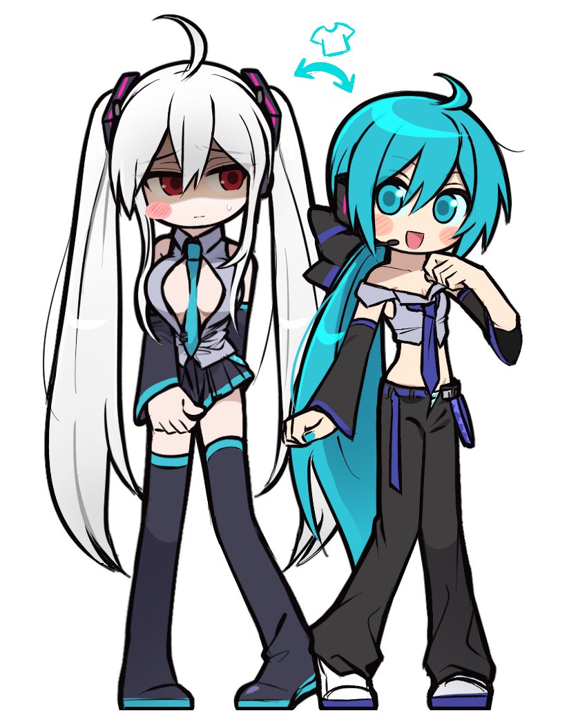 jjjjtaaaku, hatsune miku, yowane haku, vocaloid, 2girls, :d, ahoge, alternate costume, alternate footwear, alternate hairstyle, aqua eyes, aqua hair, aqua nails, aqua necktie, arm behind back, bare shoulders, belt, between breasts, black boots, black bow, black pants, black skirt, black sleeves, blue belt, blue necktie, blue trim, blush stickers, boots, bow, breasts, chibi, clothes pull, collared shirt, cosplay, costume switch, cropped shirt, detached sleeves, double-parted bangs, fingernails, grey shirt, hair between eyes, hair bow, headset, loose belt, low ponytail, medium breasts, miniskirt, multiple girls, nail polish, necktie, necktie between breasts, open fly, open mouth, panties, pants, panty peek, ponytail, red eyes, shaded face, shirt, shoes, single blush sticker, skirt, skirt pull, sleeveless, sleeveless shirt, small breasts, smile, striped clothes, striped panties, thigh boots, tie clip, twintails, underwear, white background, white hair, white shoes