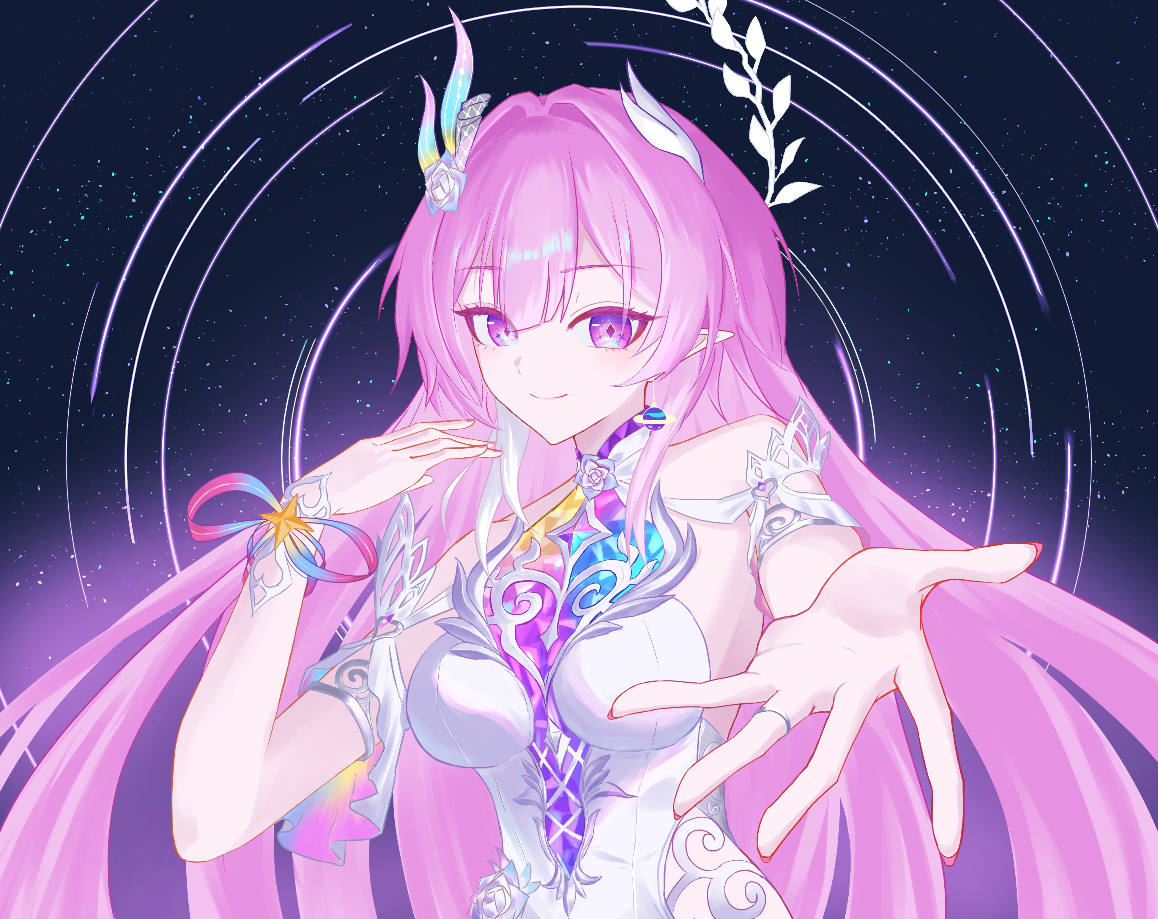 cyrene (honkai: star rail), cyrene (ripples of past reverie) (honkai: star rail), honkai: star rail, honkai (series), absurdres, highres, 1girl, bare shoulders, diamond-shaped pupils, diamond (shape), dress, earrings, flower, hair flower, hair ornament, jewelry, long hair, multicolored hair, pink hair, pointy ears, poppopp51370345, purple eyes, reaching, reaching towards viewer, sky, smile, solo, star (sky), starry sky, symbol-shaped pupils, two-tone hair, very long hair, white dress, white hair