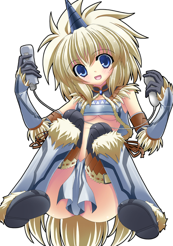 rappa (rappaya), capcom, monster hunter (series), nintendo, 1girl, blonde hair, blue eyes, elbow gloves, female focus, game console, gloves, hairband, horns, kirin (armor), midriff, short hair, single horn, solo, thighhighs, wii