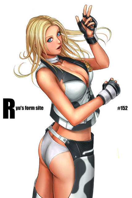ryu (ryu's form site), dixie clemets, rumble roses, 1girl, animal print, ass, blonde hair, blue eyes, breasts, chaps, cleavage, cow print, female focus, gloves, large breasts, solo, swimsuit, white background