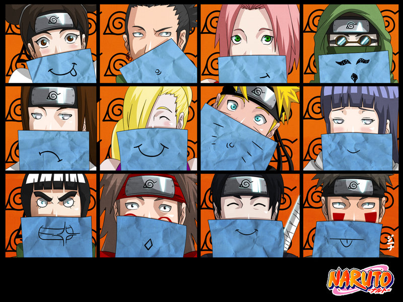 dannex009, aburame shino, akimichi chouji, haruno sakura, hyuuga hinata, hyuuga neji, inuzuka kiba, nara shikamaru, rock lee, sai (naruto), tenten (naruto), uzumaki naruto, yamanaka ino, naruto (series), naruto shippuuden, 4girls, 6+boys, cheek swirl, everyone, facial mark, hair over one eye, multiple boys, multiple expressions, multiple girls, paper
