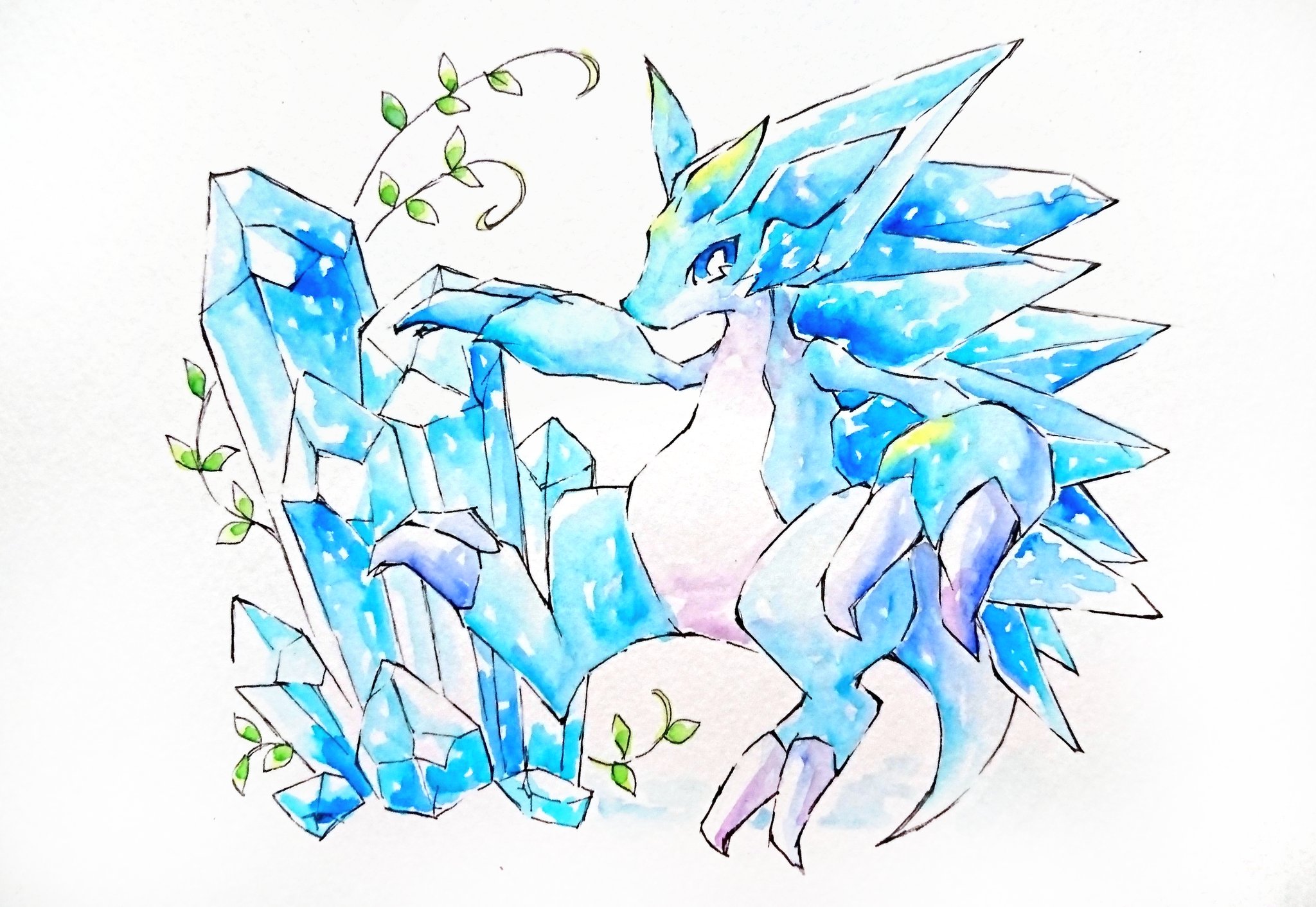 alolan sandslash, nintendo, pokemon, commentary request, highres, painting (medium), traditional media, watercolor (medium), alolan form, blue eyes, claws, crystal, full body, gen 7 pokemon, looking at viewer, no humans, pokemon (creature), shiorisan fish, simple background, solo, white background