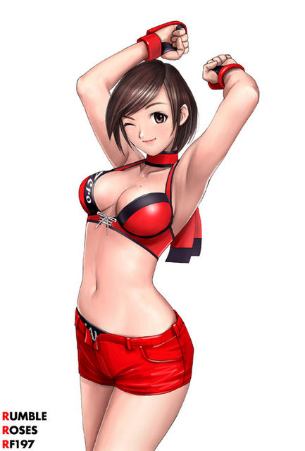 ryu (ryu's form site), hinomoto reiko, rumble roses, 1girl, armpits, arms up, breasts, brown eyes, brown hair, collar, female focus, gloves, large breasts, mole, mole on breast, short hair, short shorts, shorts, solo