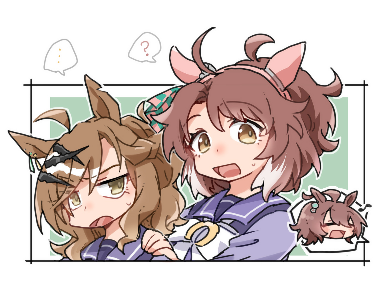 beer hsk, agnes tachyon (umamusume), dantsu flame (umamusume), jungle pocket (umamusume), umamusume, …, 3girls, :d, ?, ahoge, animal ears, bow, brown eyes, brown hair, chibi, eighth note, green background, hair between eyes, hand on another's shoulder, horse ears, multicolored hair, multiple girls, musical note, open mouth, ponytail, purple shirt, school uniform, shirt, small sweatdrop, smile, spoken ellipsis, spoken question mark, streaked hair, sweat, tracen school uniform, two-tone background, upper body, white background, white bow, white hair