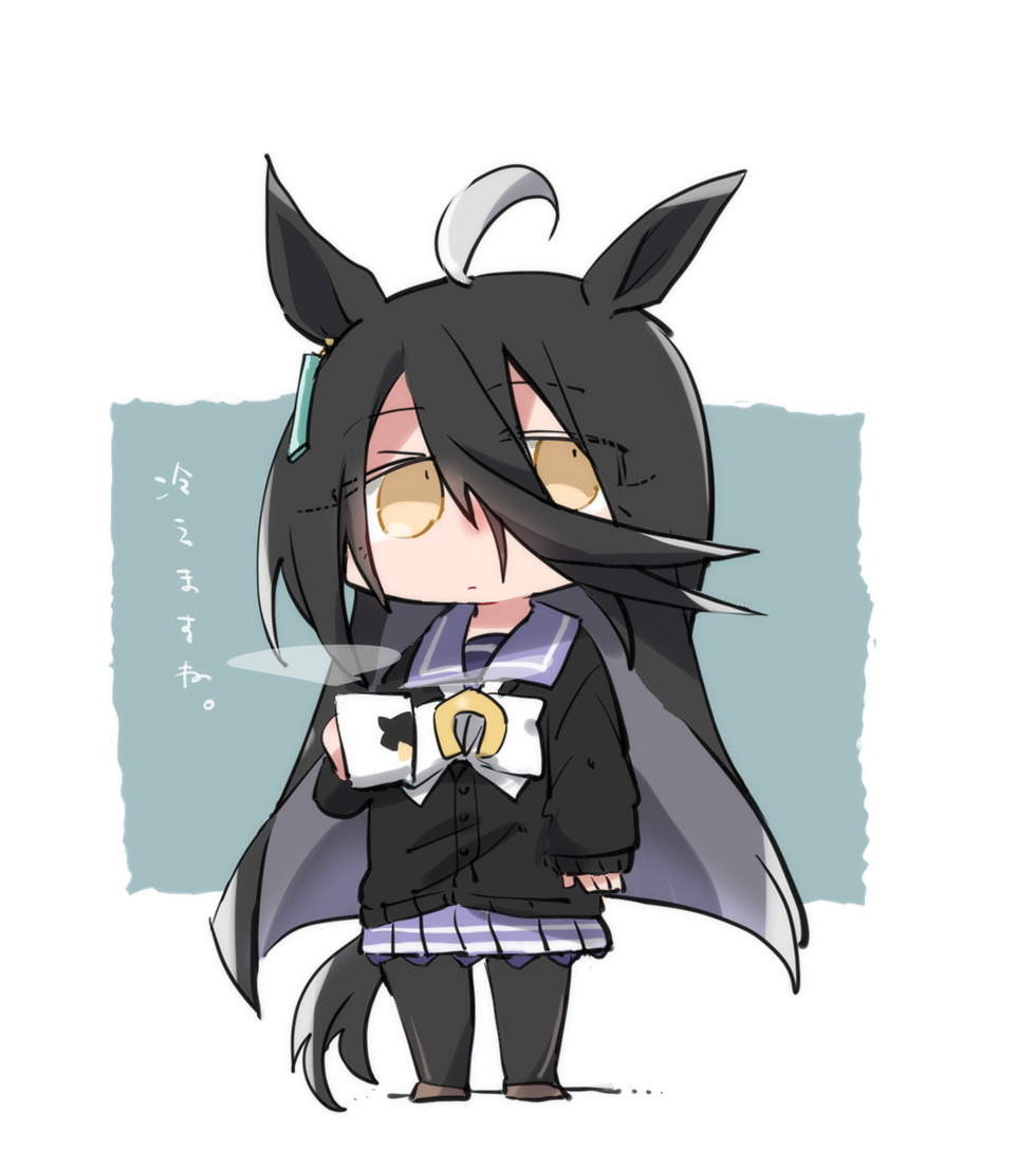 beer hsk, manhattan cafe (umamusume), umamusume, translation request, 1girl, ahoge, animal ears, black cardigan, black hair, black pantyhose, bow, brown eyes, brown shoes, cardigan, chibi, closed mouth, cup, full body, grey background, grey hair, hair between eyes, holding, holding cup, horse ears, horse girl, horse tail, long hair, long sleeves, mug, multicolored hair, pantyhose, pleated skirt, puffy long sleeves, puffy sleeves, purple shirt, purple skirt, school uniform, shirt, shoes, skirt, sleeves past wrists, solo, standing, tail, tracen school uniform, two-tone background, two-tone hair, very long hair, white background, white bow