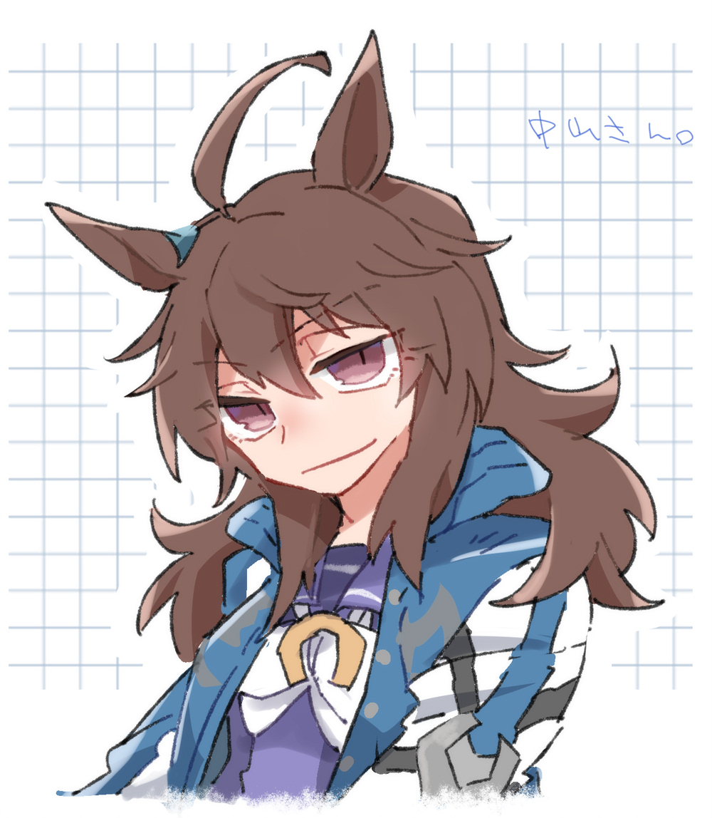 beer hsk, nakayama festa (umamusume), umamusume, translation request, 1girl, ahoge, animal ears, blue jacket, bow, brown eyes, brown hair, closed mouth, cropped torso, grid background, hair between eyes, horse ears, jacket, long hair, looking at viewer, open clothes, open jacket, outline, purple shirt, school uniform, shirt, smile, solo, tracen school uniform, upper body, white bow, white outline