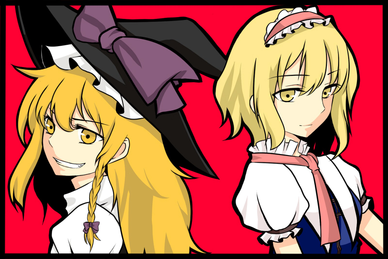 tateyama, alice margatroid, kirisame marisa, touhou, 2girls, back-to-back, blonde hair, braid, female focus, grin, hairband, hat, long hair, multiple girls, ribbon, short hair, smile, witch, witch hat, yellow eyes