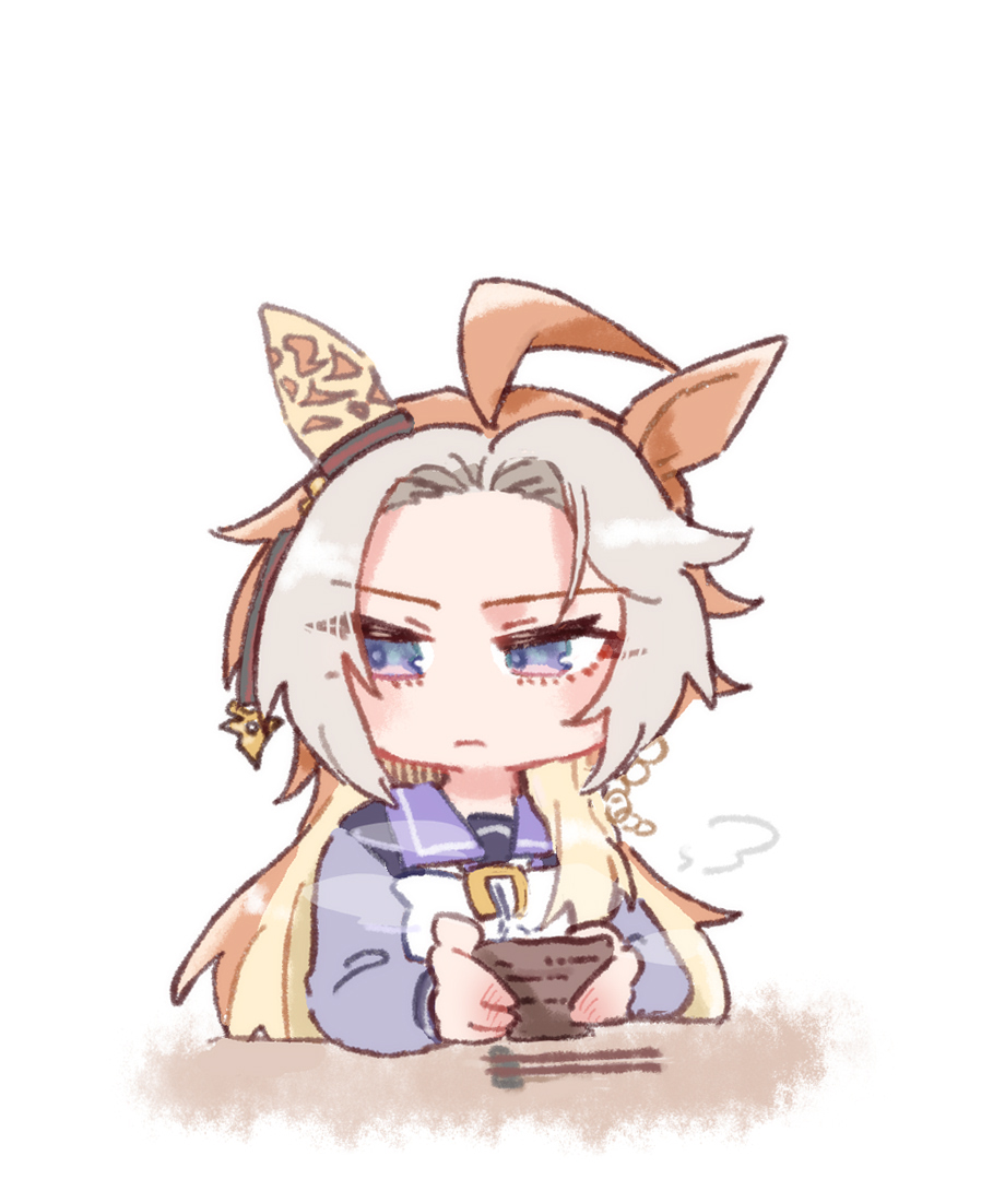 beer hsk, orfevre (umamusume), umamusume, 1girl, ahoge, animal ears, blonde hair, blue eyes, border, brown hair, chopsticks, forehead, grey hair, holding, horse ears, looking to the side, multicolored hair, purple shirt, school uniform, shirt, simple background, solo, tracen school uniform, two-tone hair, upper body, v-shaped eyebrows, white background, white border