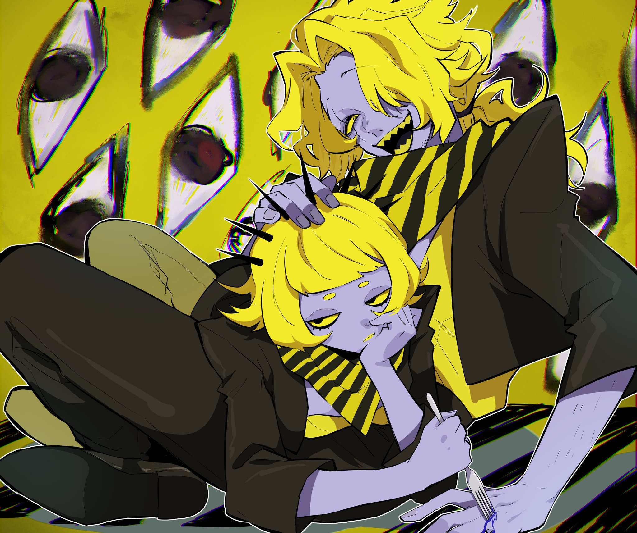 nekoma hikaru, flurry (a ka shi), welter (a ka shi), traffic jam (vocaloid), commentary request, highres, 1boy, 1girl, arm hair, black jacket, black pants, blonde hair, blood, blue blood, colored sclera, colored teeth, disembodied eye, fingernails, hand on another's head, jacket, pants, shirt, striped bandana, yellow sclera, yellow shirt, yellow teeth